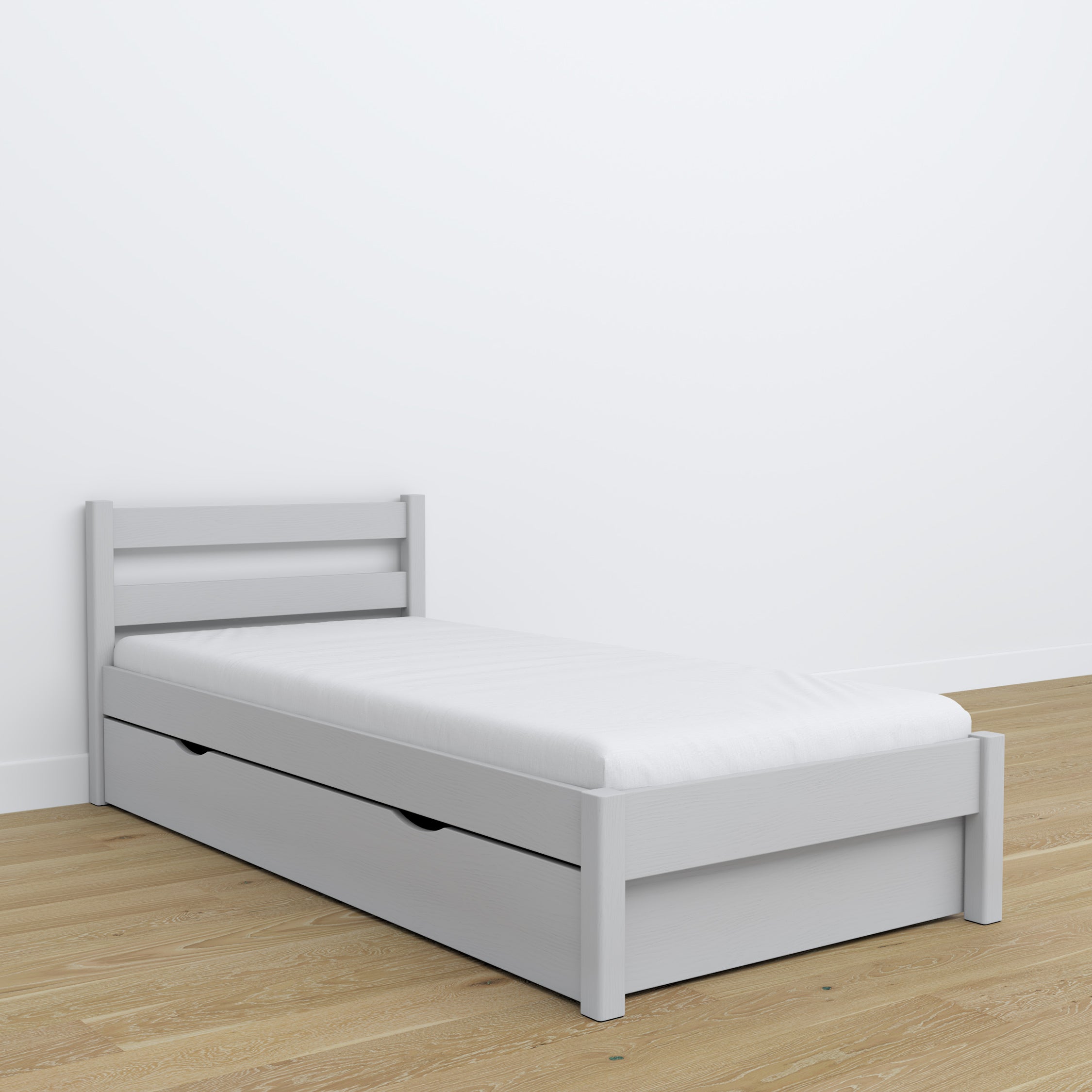 Lit avec tiroir en bois gris – chambre d'enfant, décoration scandinave