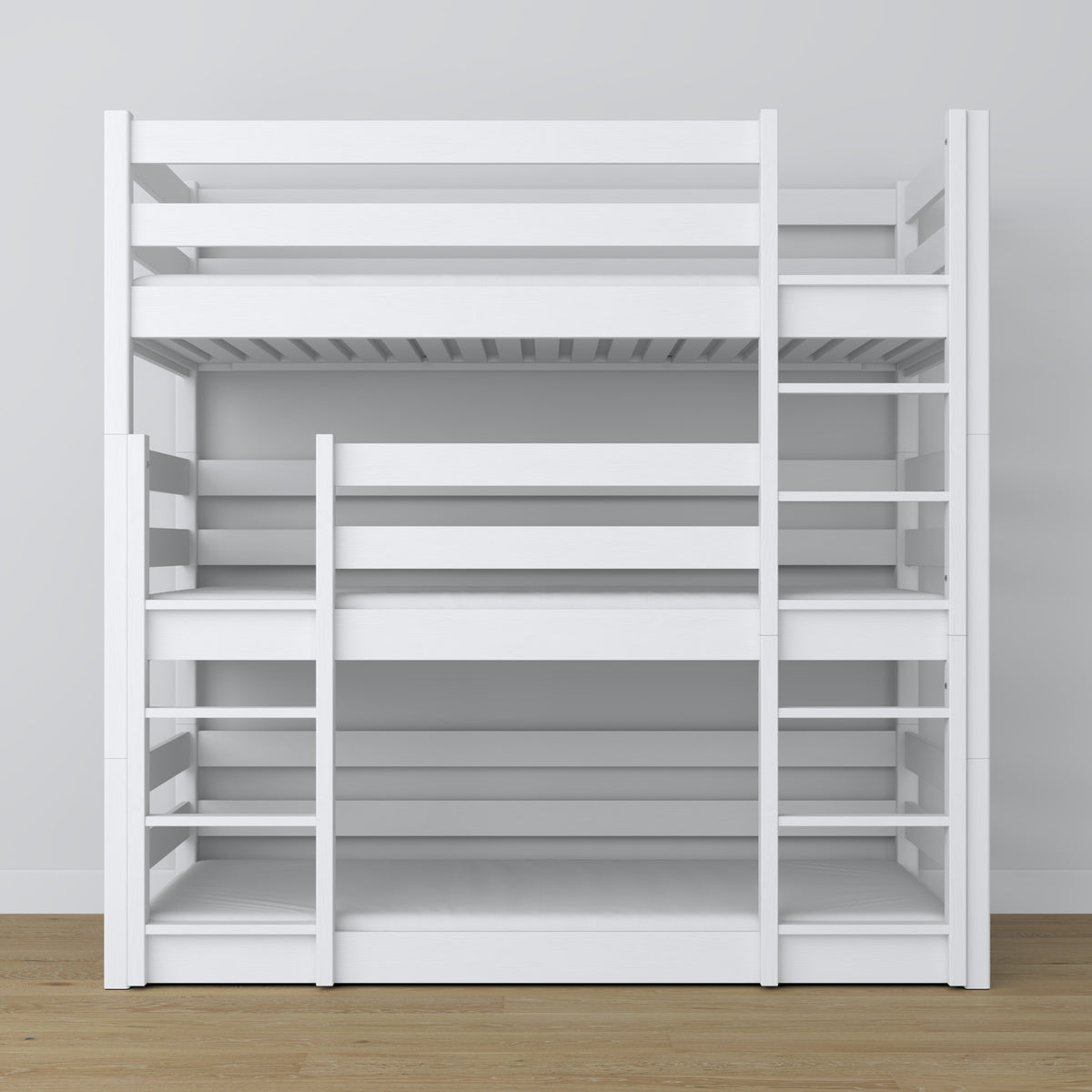 Drielaags stapelbed wit – ladder en veiligheidsbedhekjes, houten