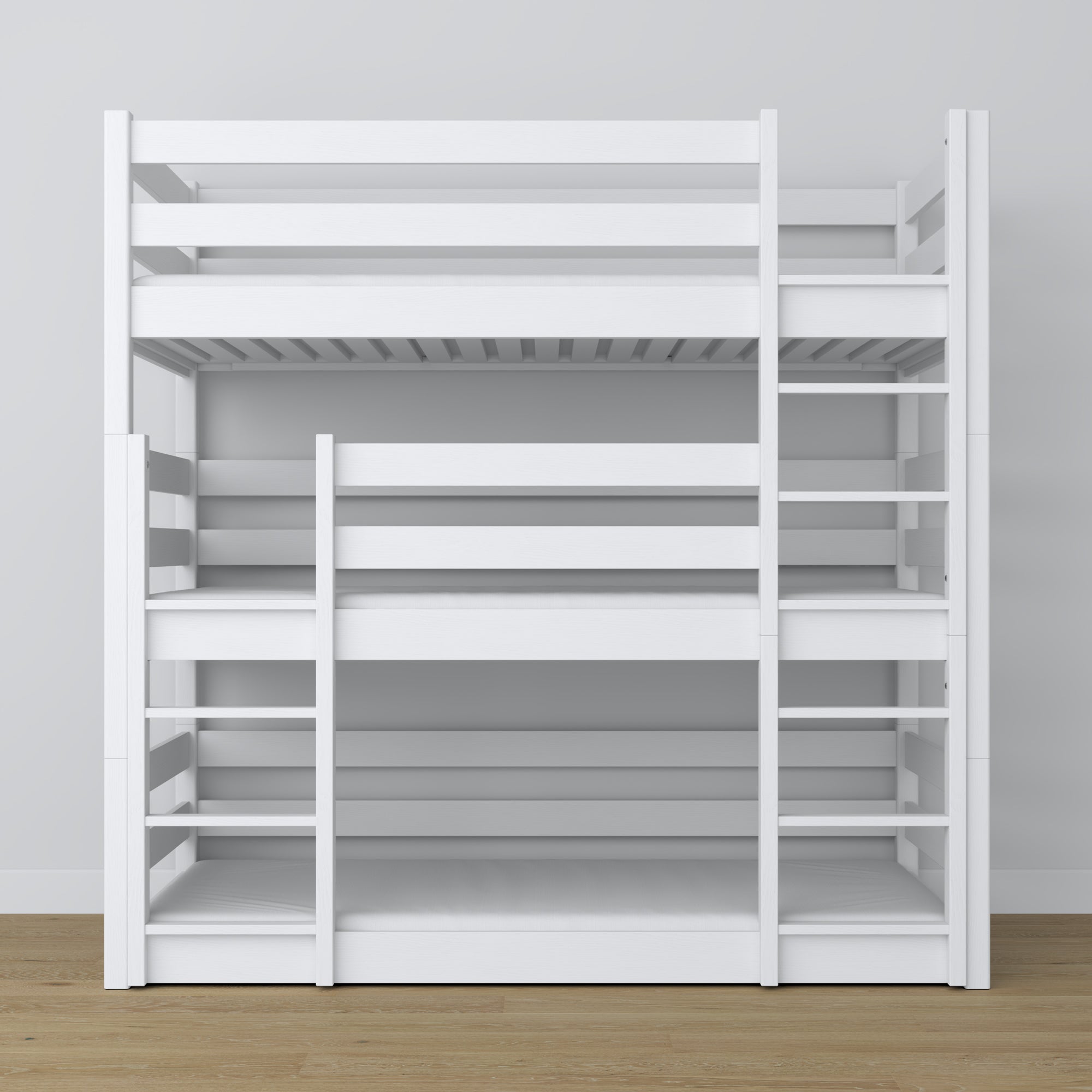 Drielaags stapelbed wit – ladder en veiligheidsbedhekjes, houten