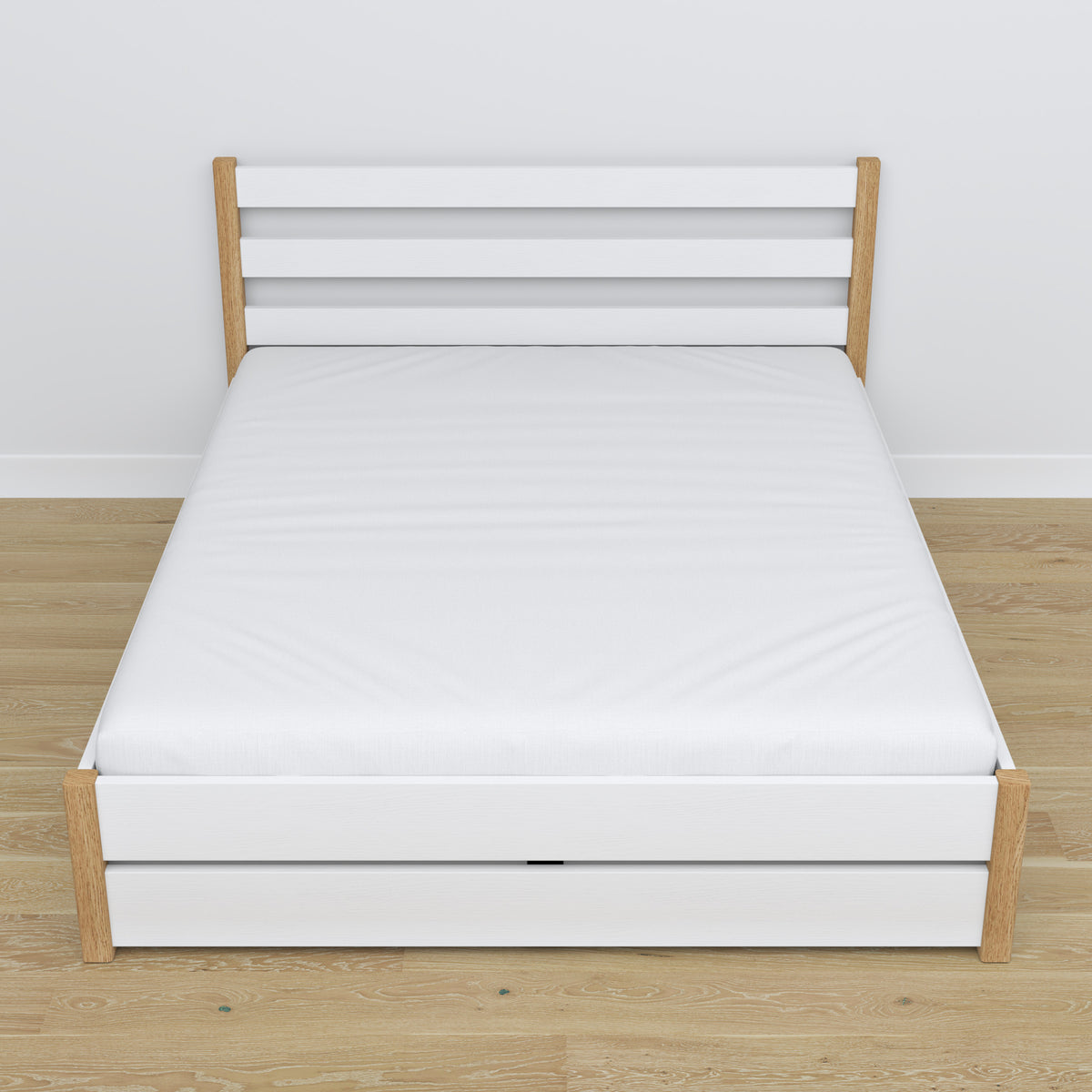 Houten tweepersoonsbed met lade wit met eiken – schuine aanzicht, scandi slaapkamer