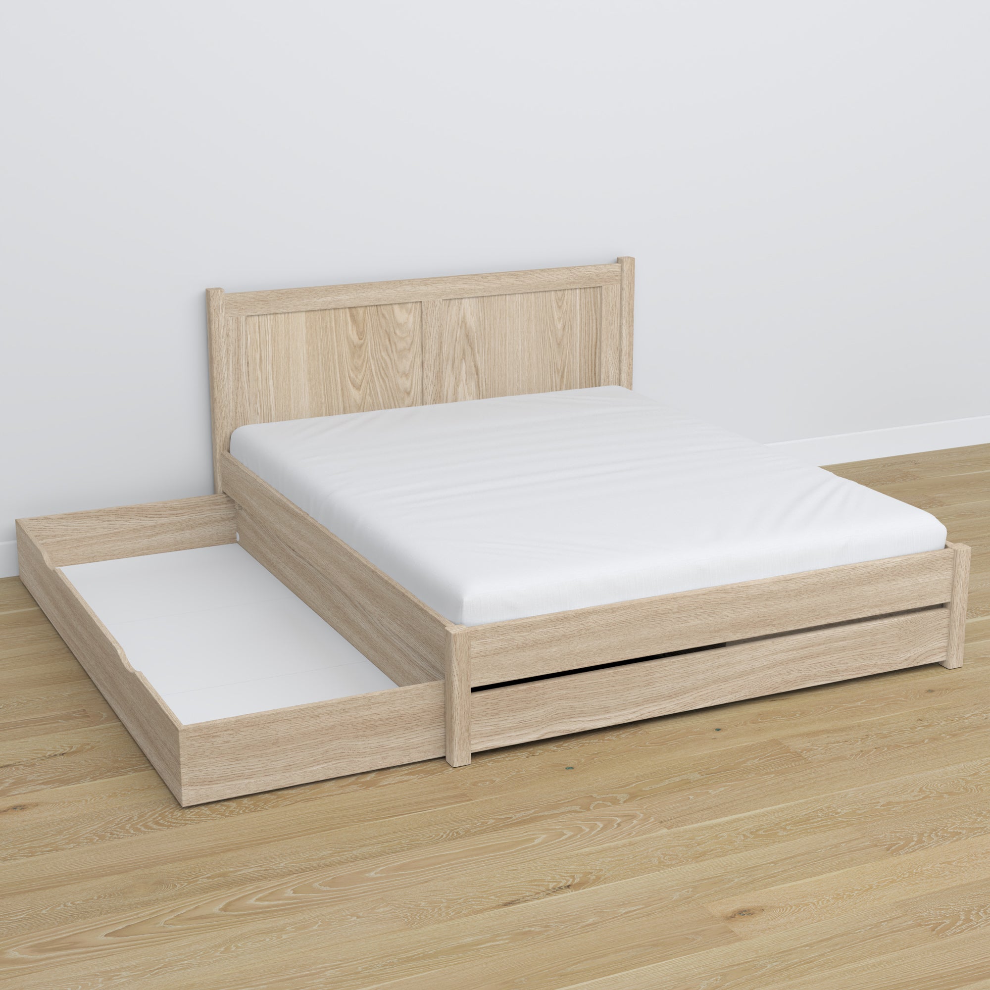 Tweepersoons bed met lade eiken gewit eiken – lade open, ruim interieur