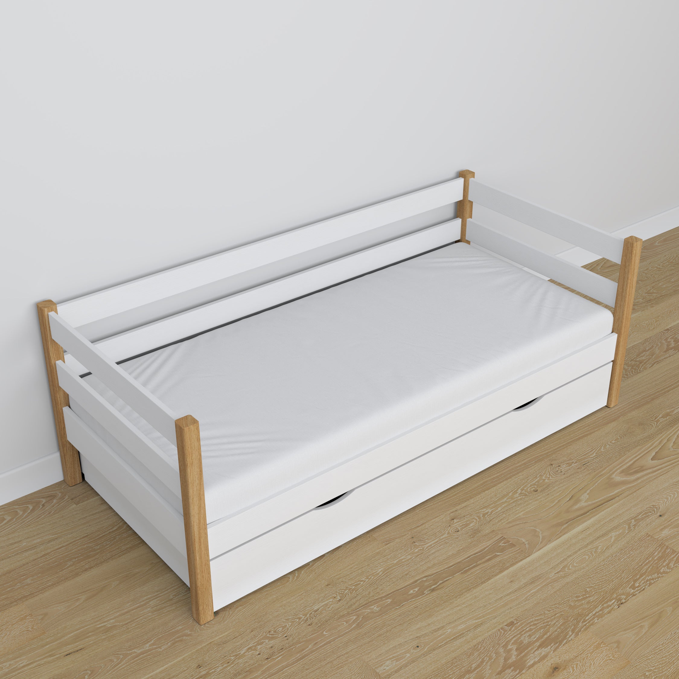 Sofabed met lade van hout wit-eiken – kinderkamer, scandi inrichting