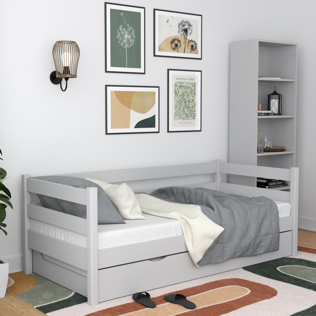 Slaapbank grijs met lade voor matras – houten, Nizio Home