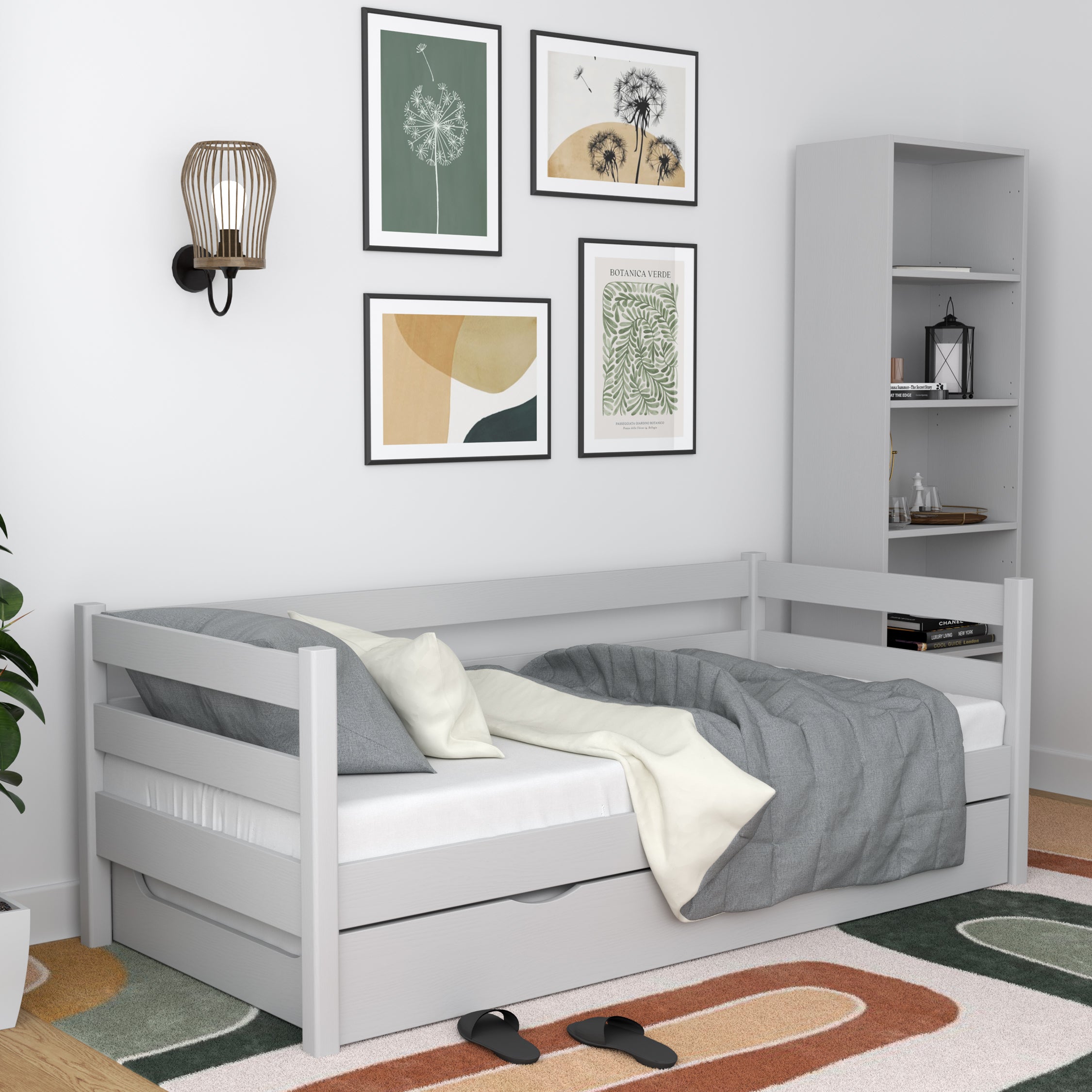 Slaapbank grijs met lade voor matras – houten, Nizio Home