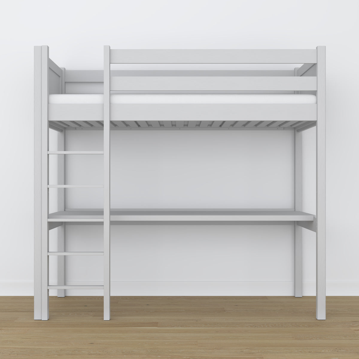 Loft bed grey with desk – study space under the sleeping area, wooden