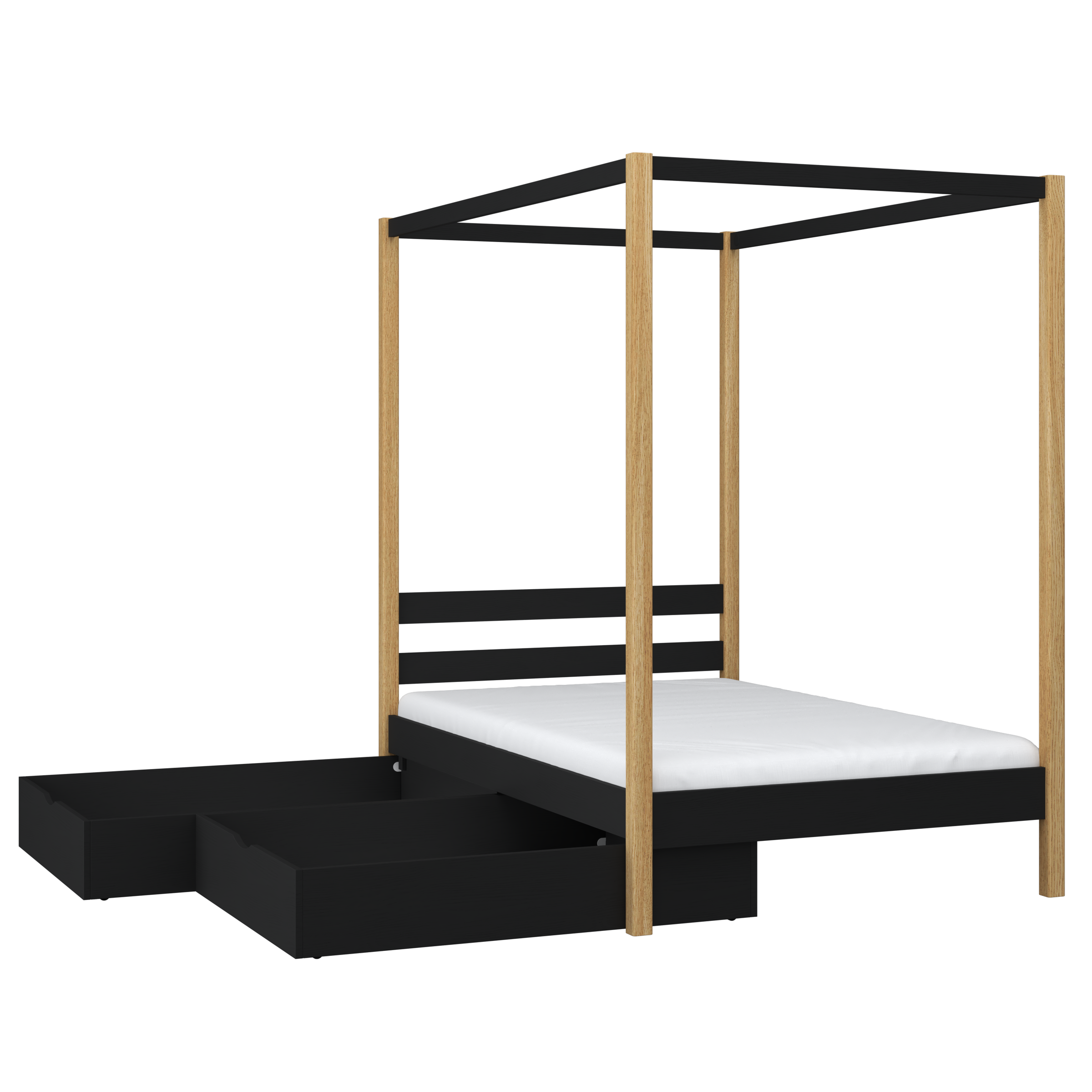 Hemelbed zwart-eiken – houten details en verbindingen, Nizio Home