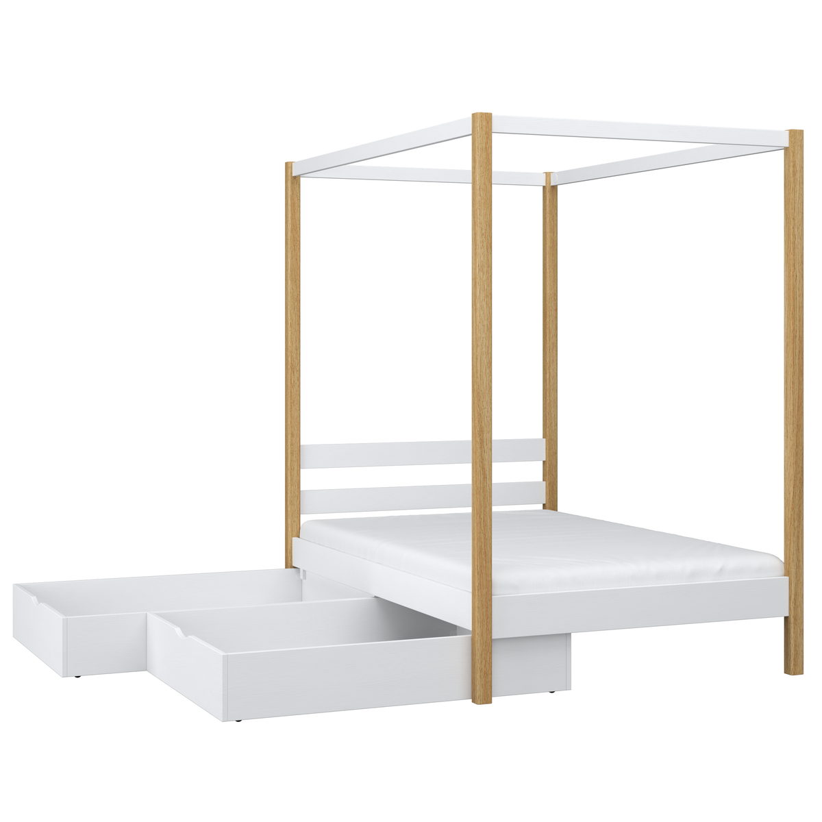 Bed wit-eiken met hemel – houten details en verbindingen, Nizio Home