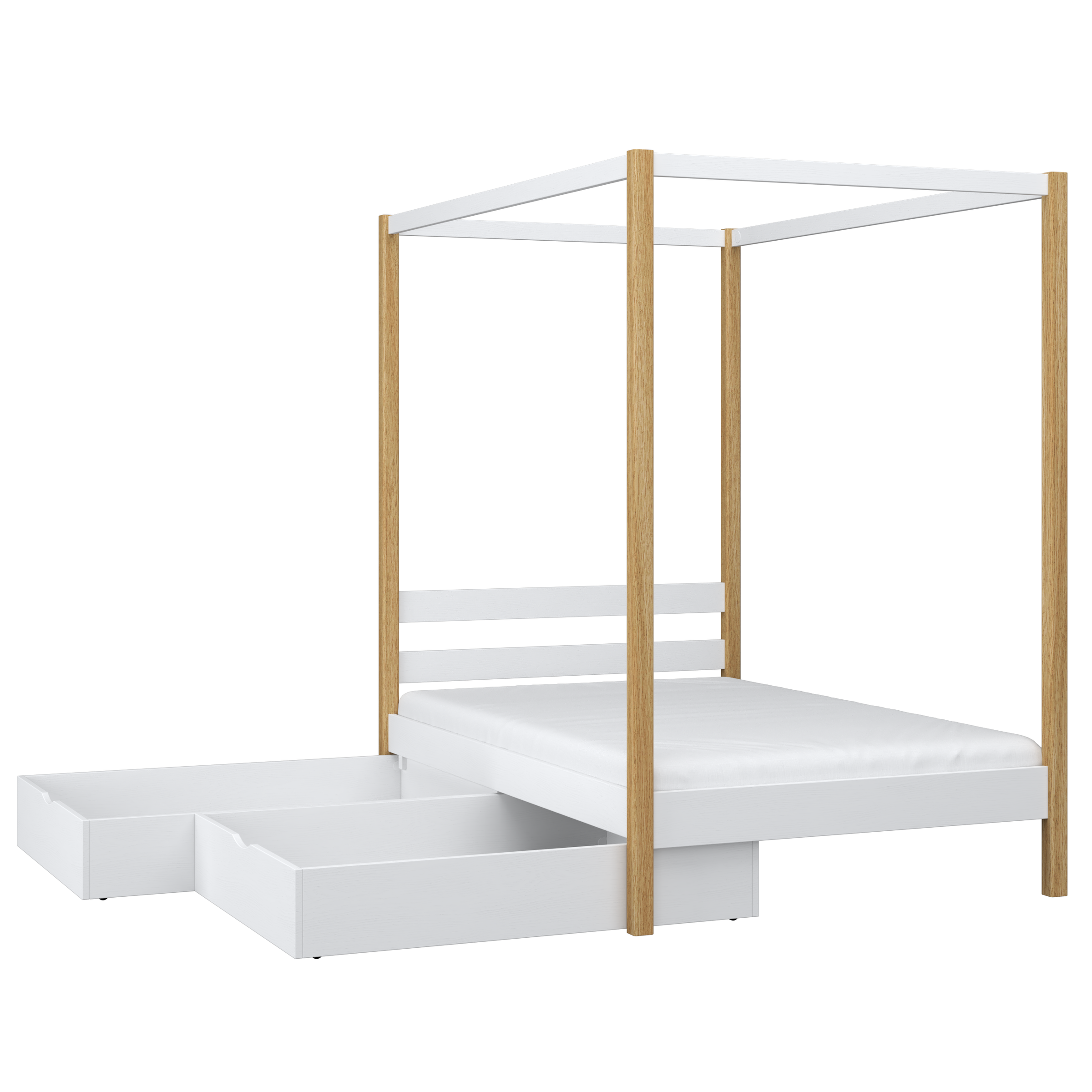 Bed wit-eiken met hemel – houten details en verbindingen, Nizio Home