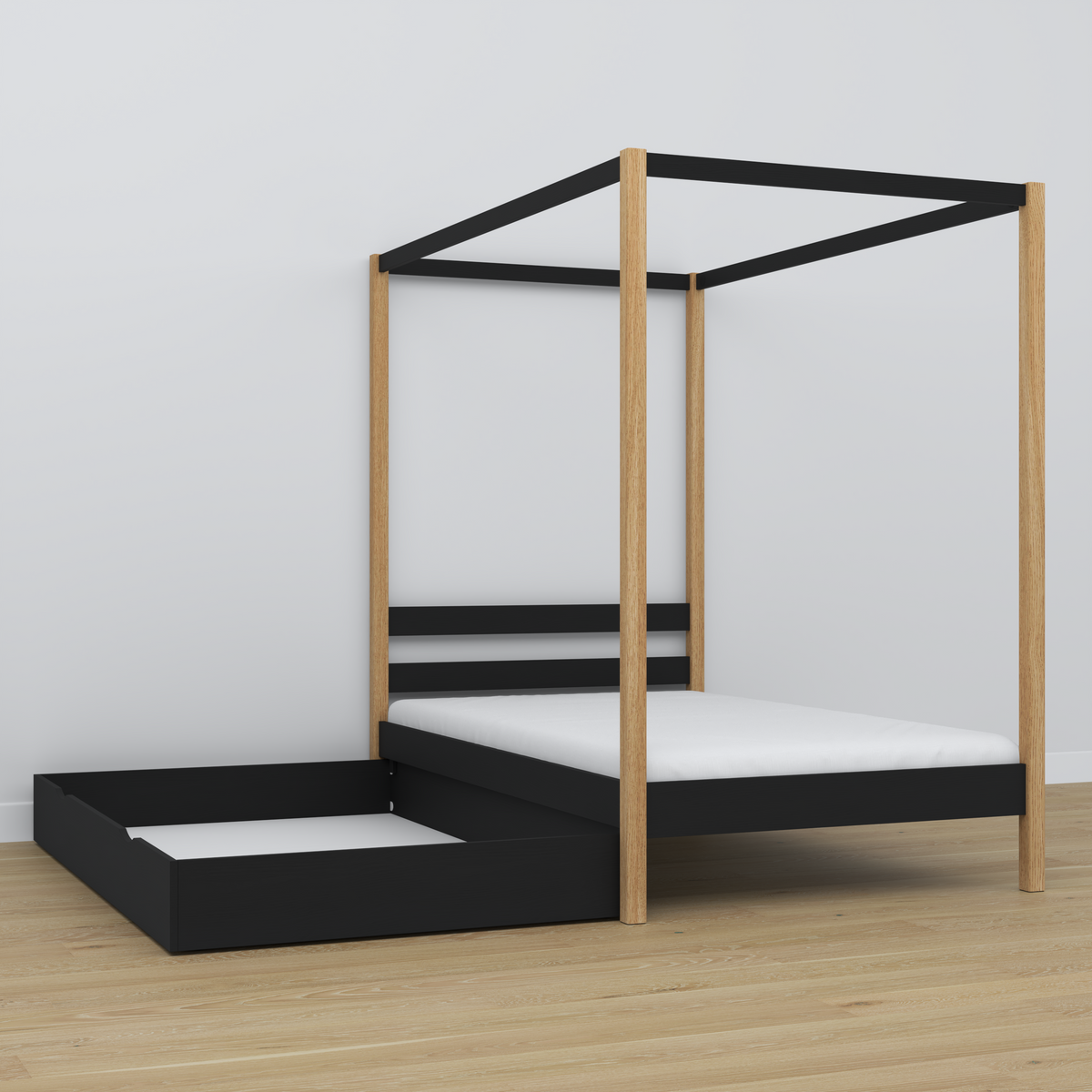 Houten hemelbed zwart-eiken in kinderkamer – scandi inrichting