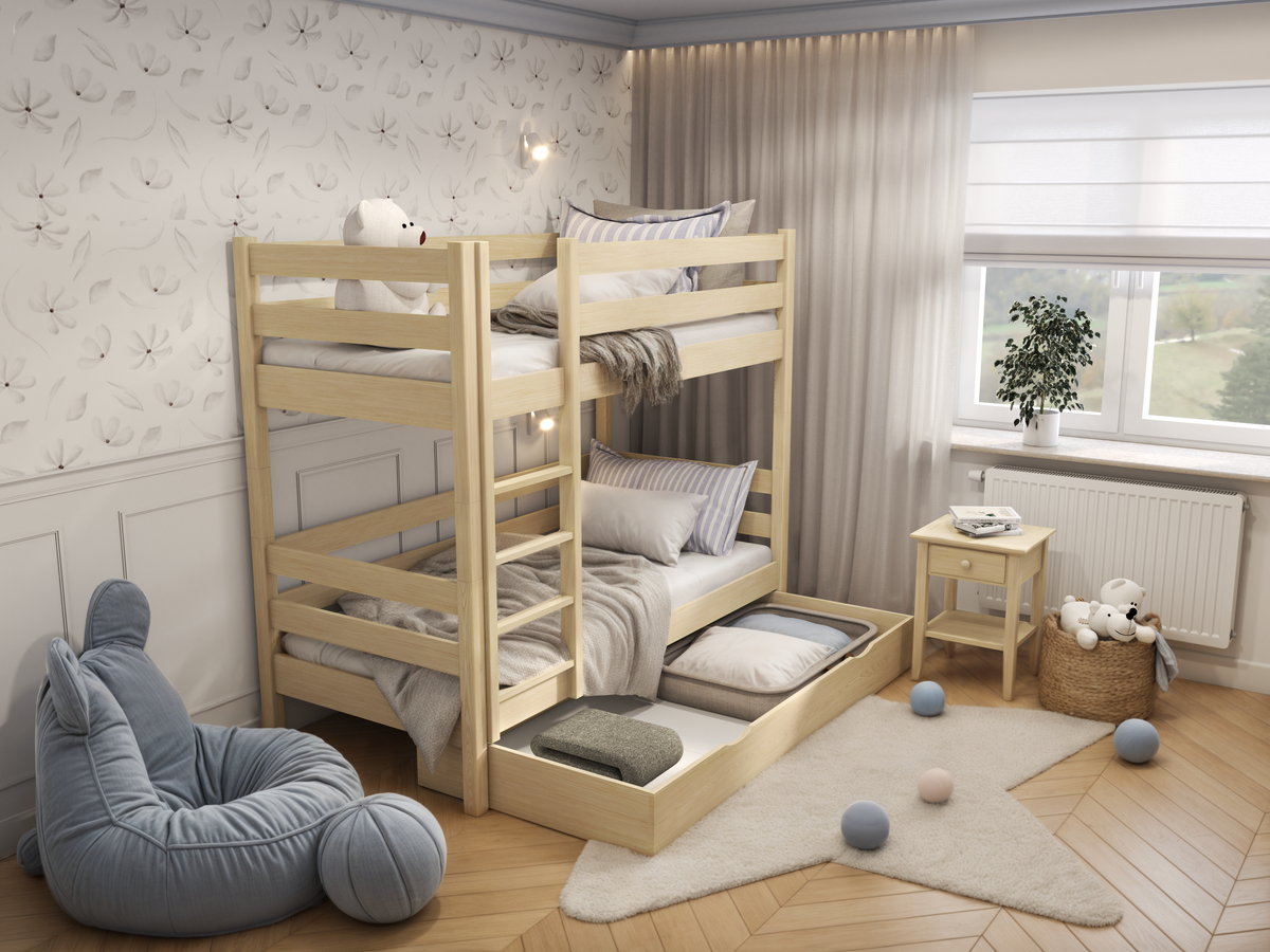 Stapelbed van hout transparant grenen – lade open, ruime bergruimte onder het bed