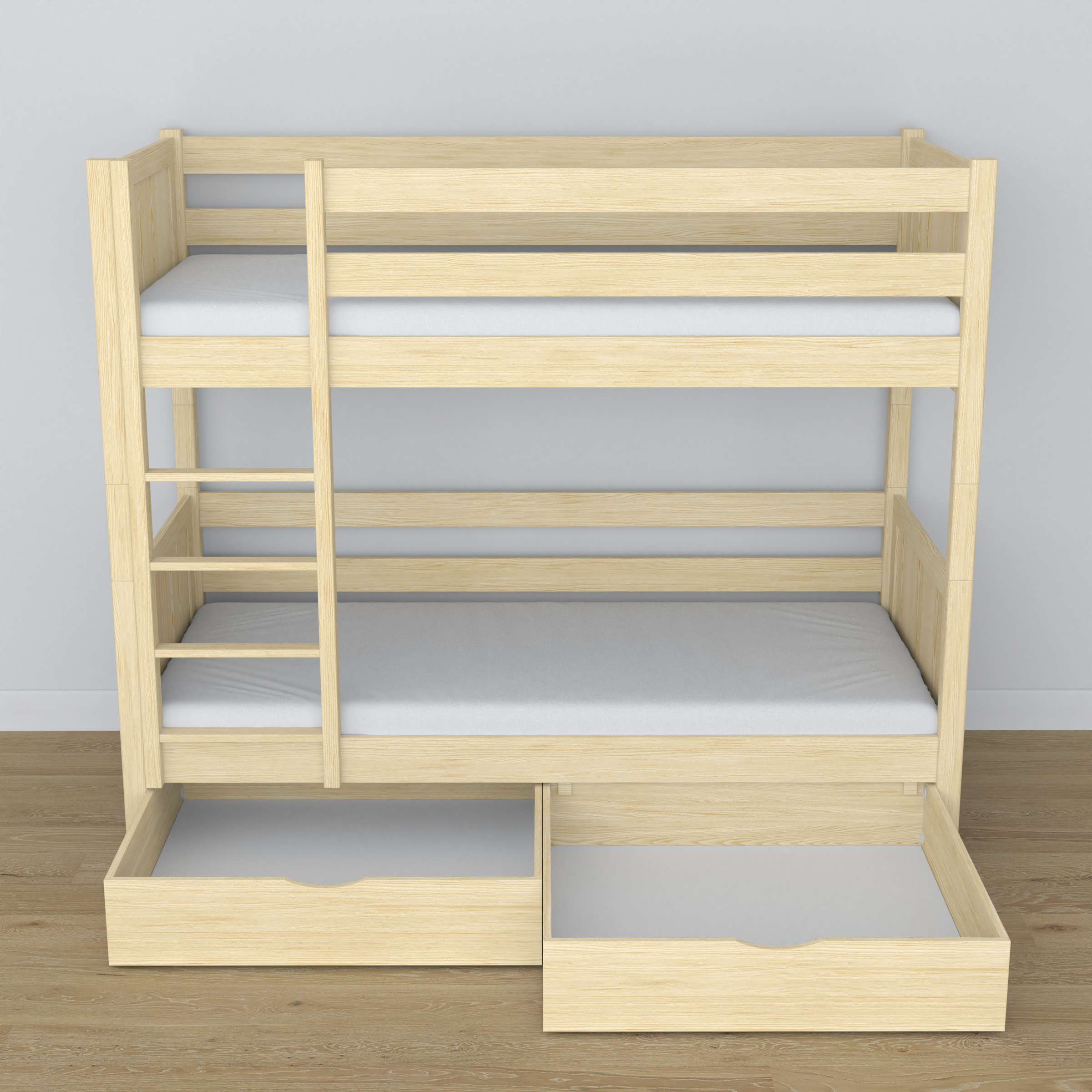 Stapelbed transparant grenen – houten frame met lattenbodem, zijaanzicht