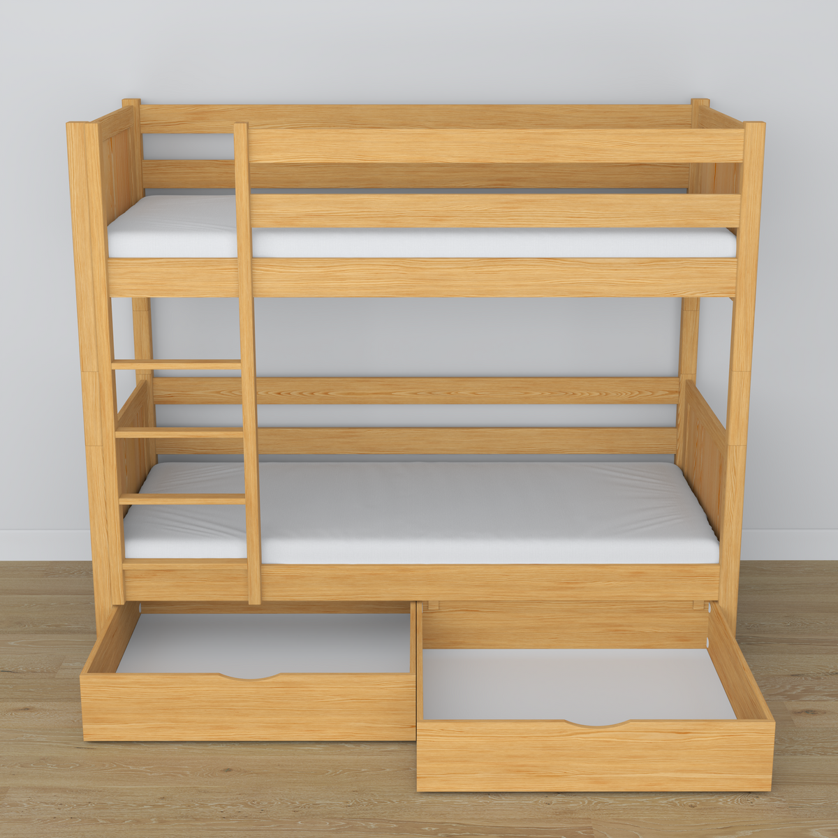 Stapelbed naturel grenen – houten frame met lattenbodem, zijaanzicht