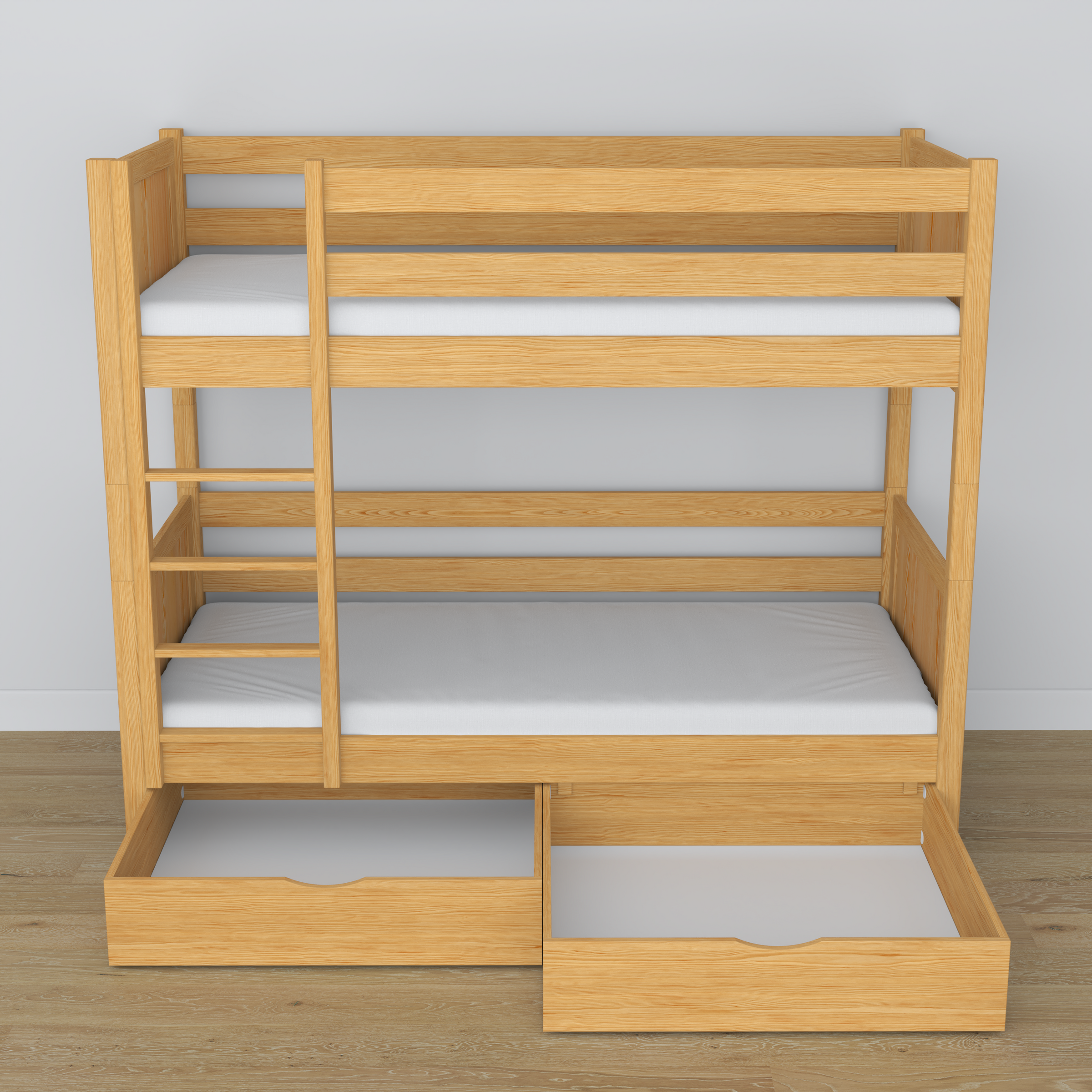Stapelbed naturel grenen – houten frame met lattenbodem, zijaanzicht