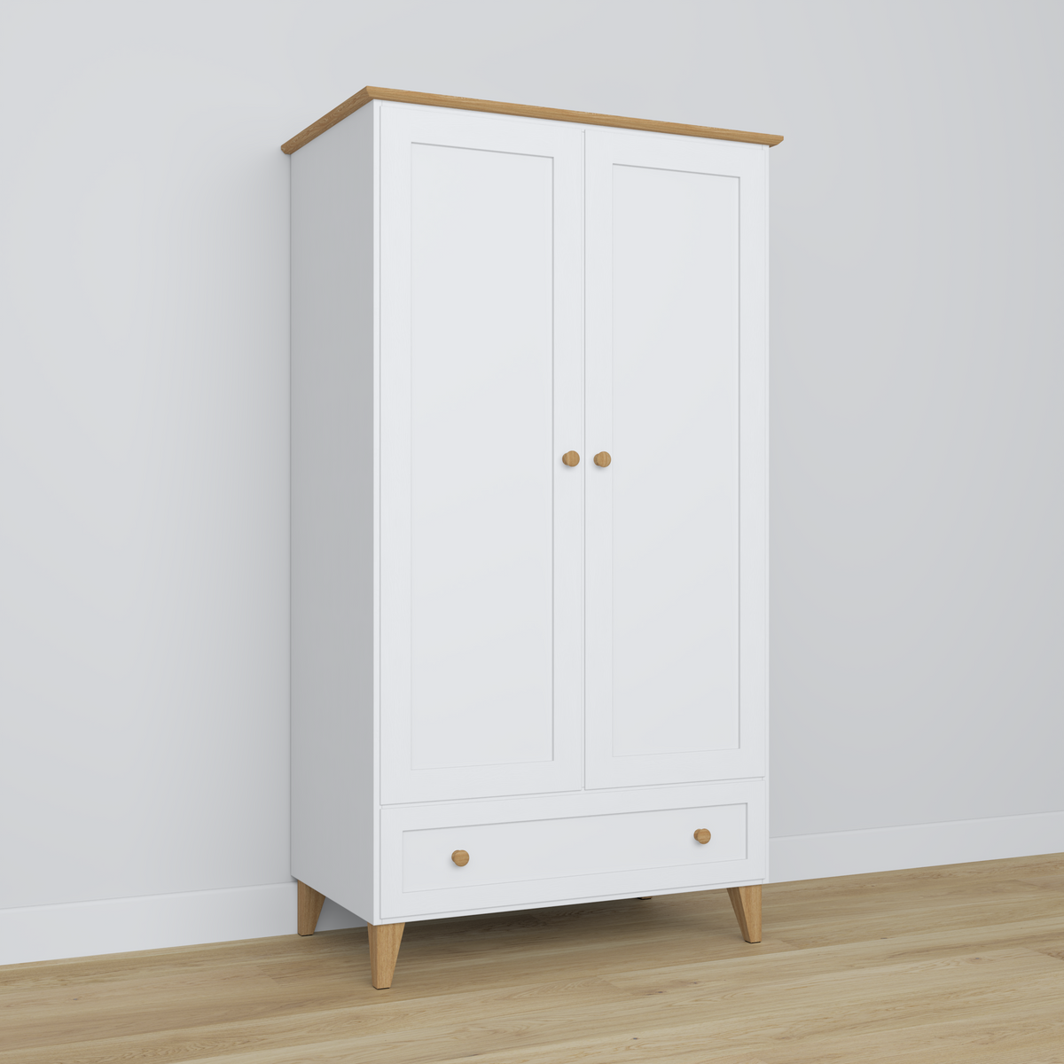 Houten kledingkast 2D1S Scandi wit / naturel eiken