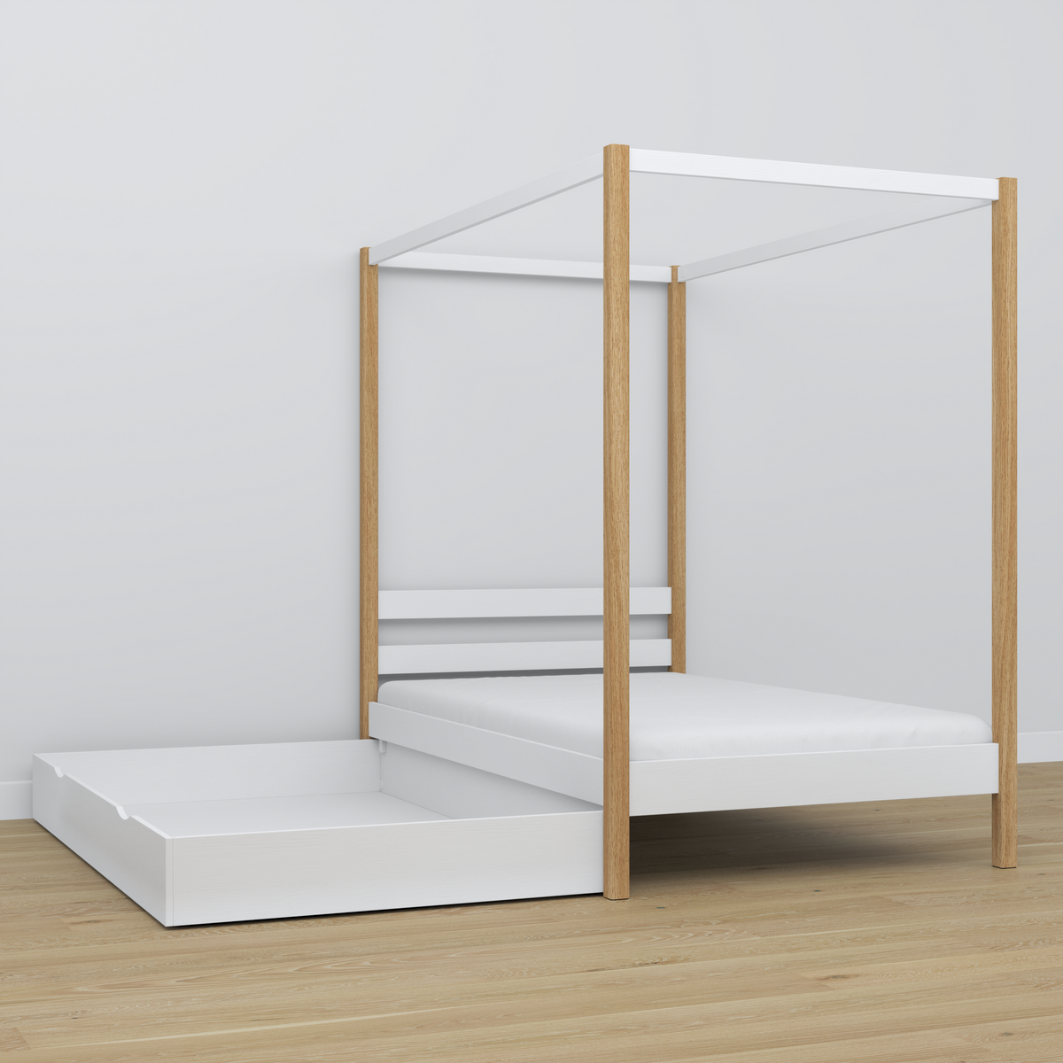 Hemelbed houten wit-eiken in kinderkamer – scandinavische inrichting
