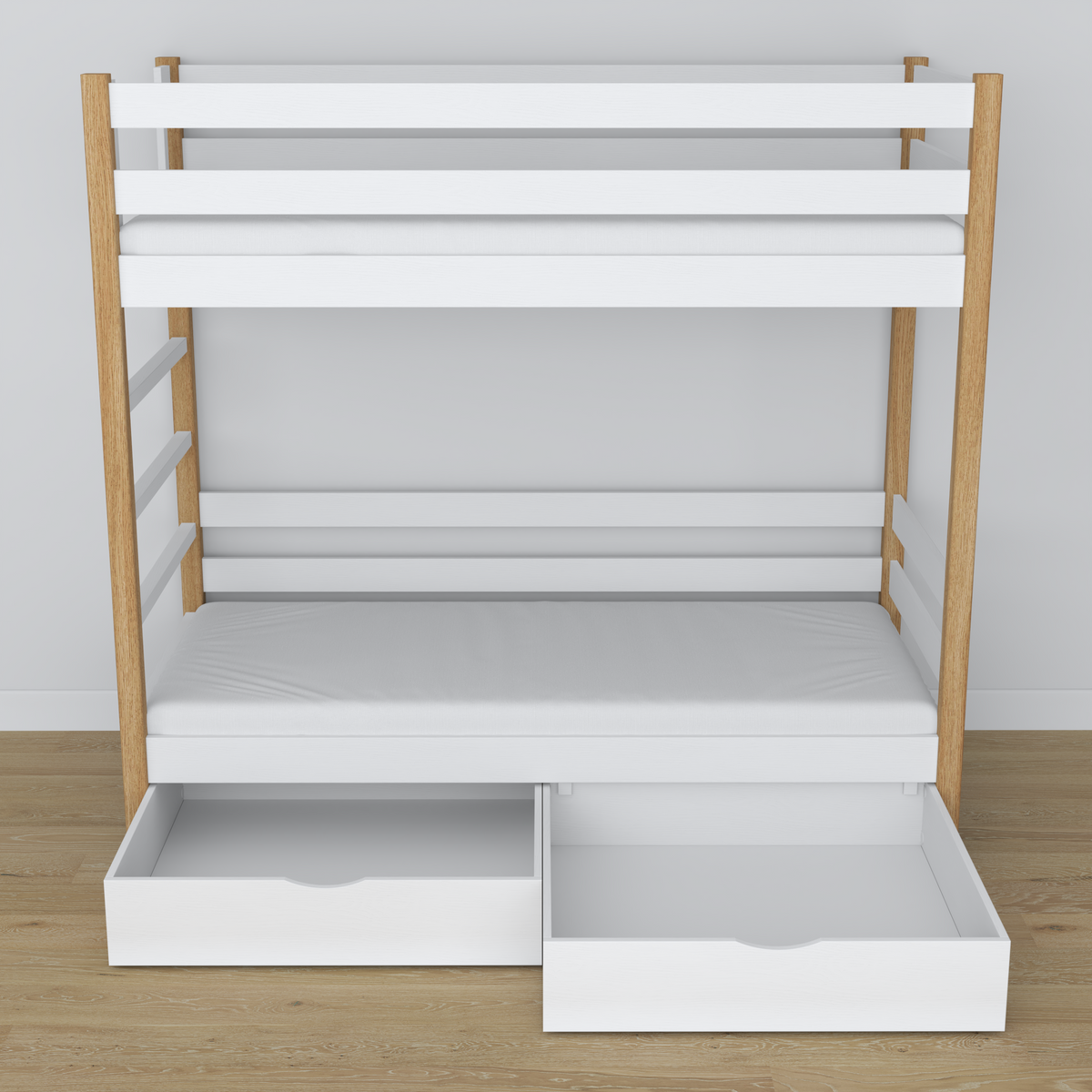 Stapelbed wit-eiken – houten timmerverbindingen, close-up, Nizio Home