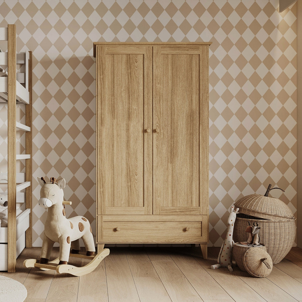 Kast 2D1S naturel eiken – eikenhouten, deuren gesloten, frontaanzicht, Nizio