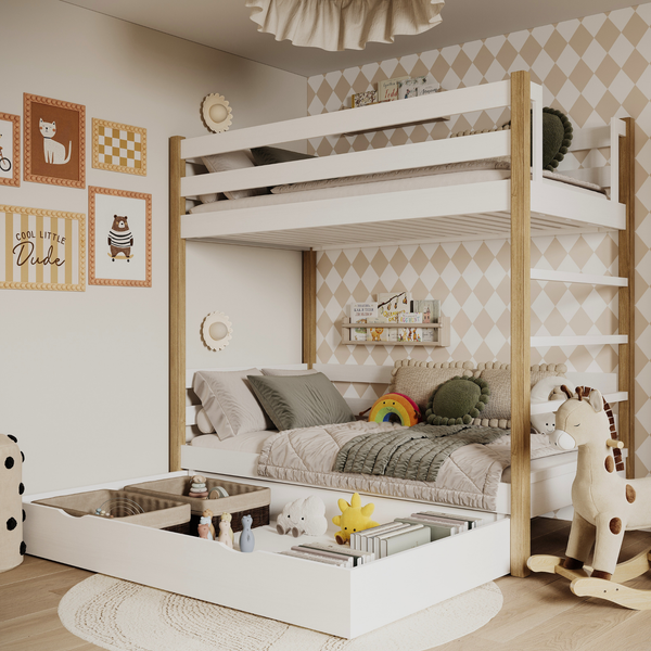 Lit superposé blanc-chêne z tiroir – barrière i échelle en bois, Nizio