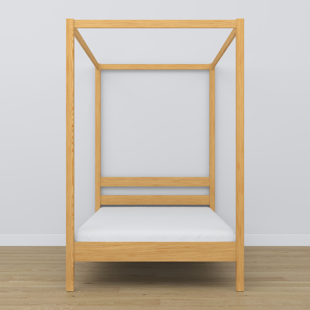 Wooden natural pine canopy bed – close-up of canopy and headboard