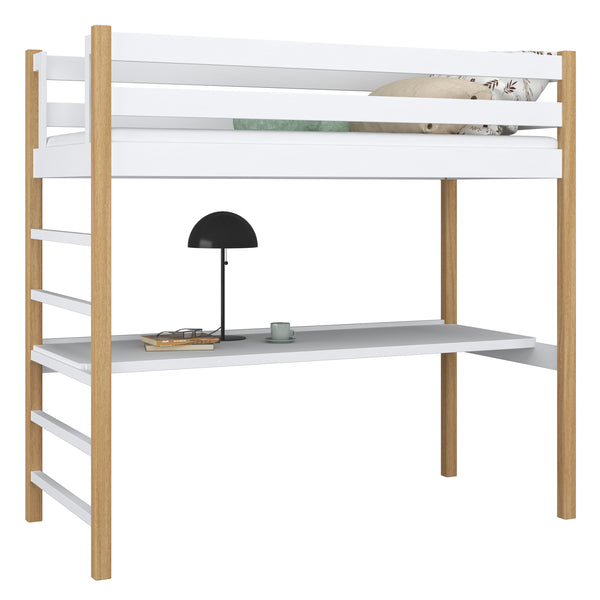 White and Oak Wooden Loft Bed with Desk – Children’s Room, Scandi Nizio