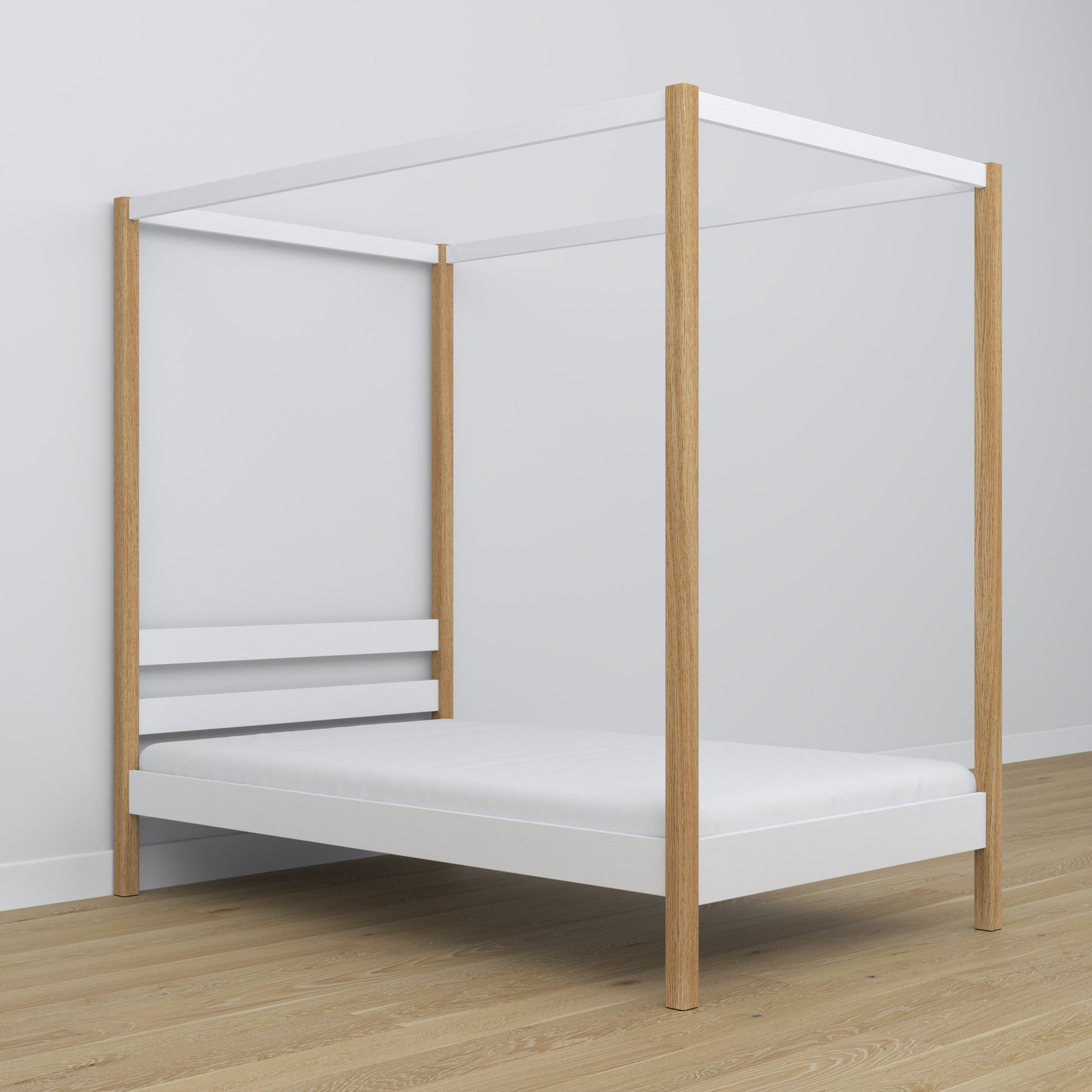 Bed wit-eiken met hemel – decoratieve bedrand houten, veilig voor kinderen