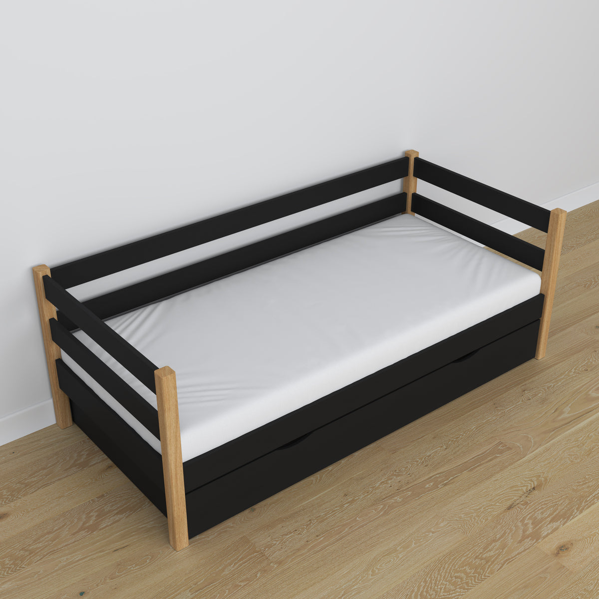 Slaapbank zwart-eiken – houten details en verbindingen, Nizio Home