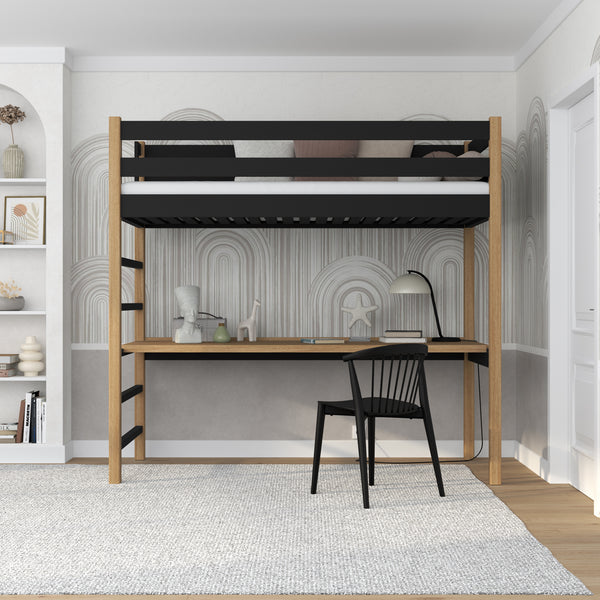 Lit mezzanine noir-chêne avec bureau – espace d'apprentissage sous la chambre, en bois