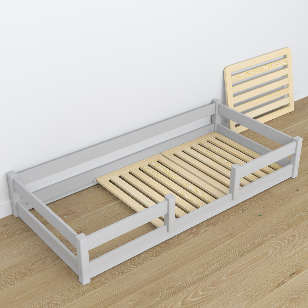 Laag bed grijs van hout – afmetingen en schema, Nizio
