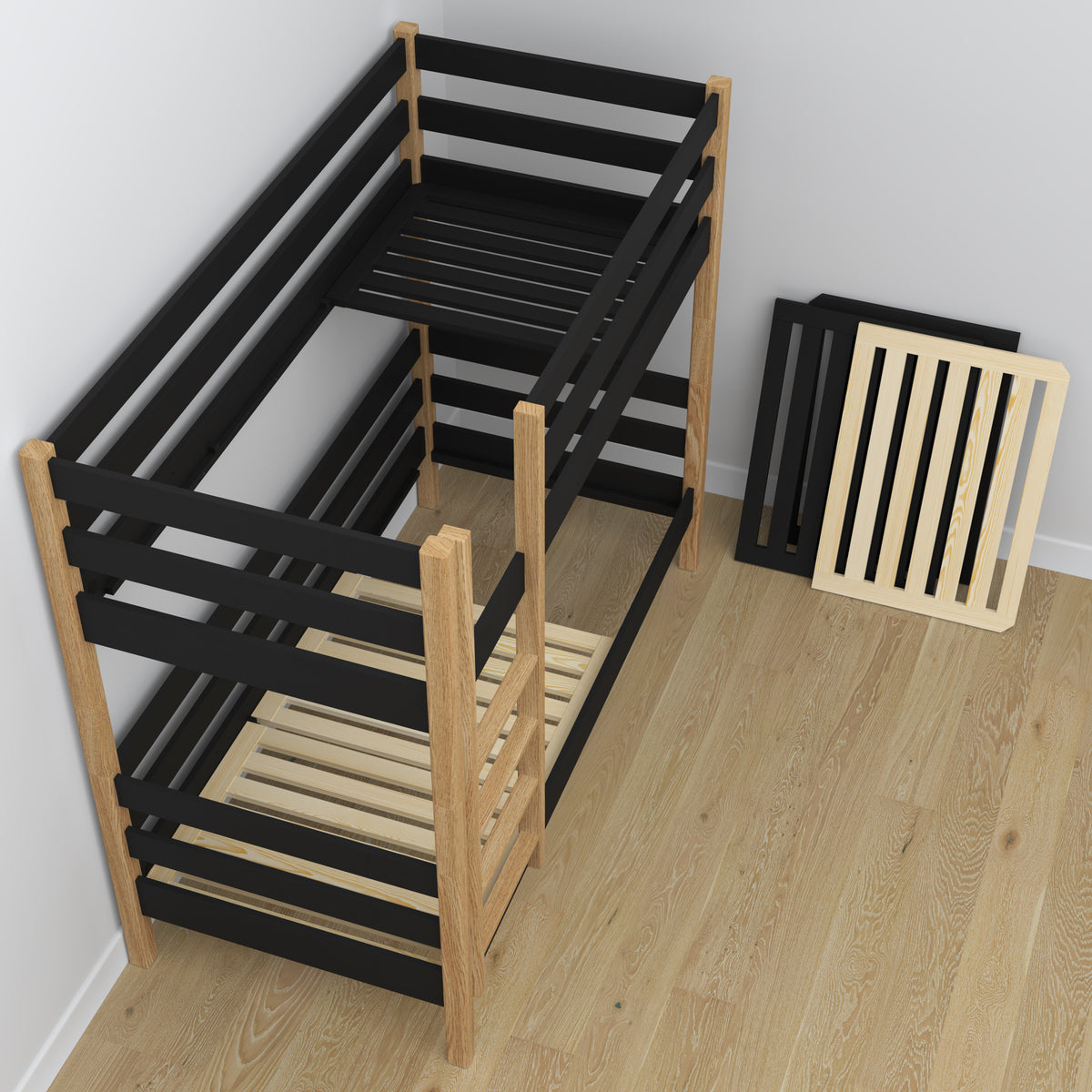 Black and Oak Wooden Bunk Bed with Drawer – Scandinavian Design, Nizio