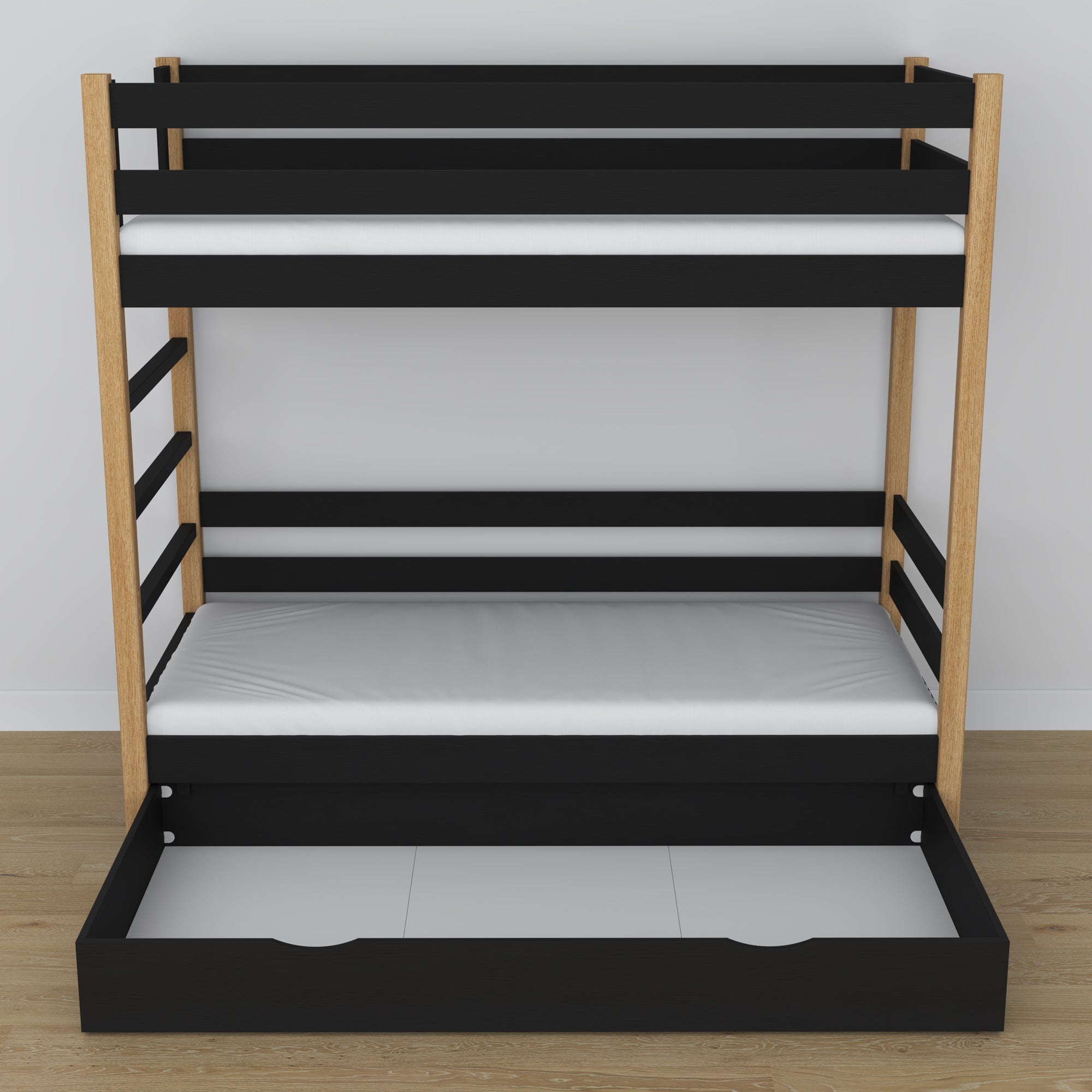 Stapelbed van hout zwart-eiken met lade – afmetingen en schema, Nizio