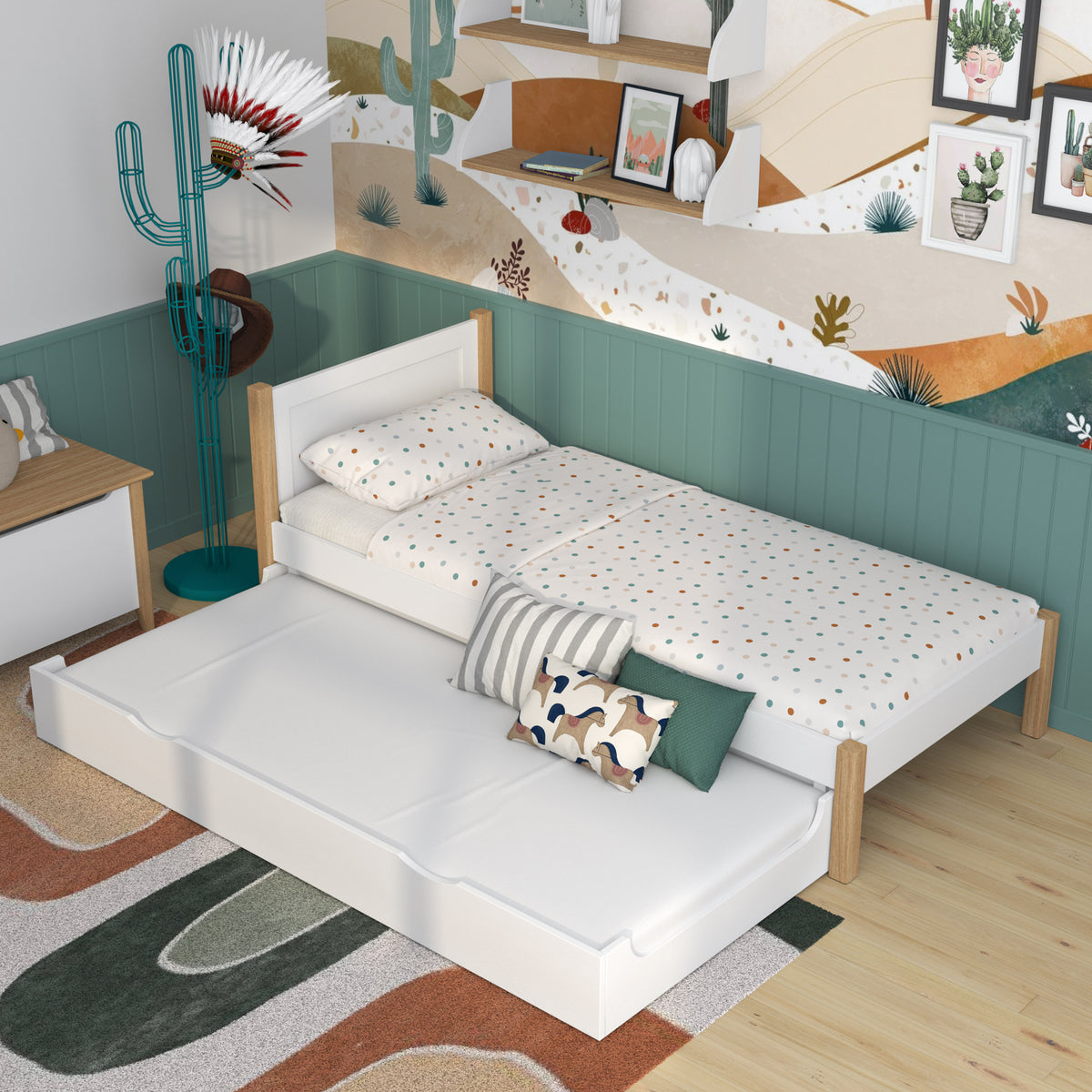 Bed met matraslade houten wit-eiken – lade uitgetrokken, logeerbed