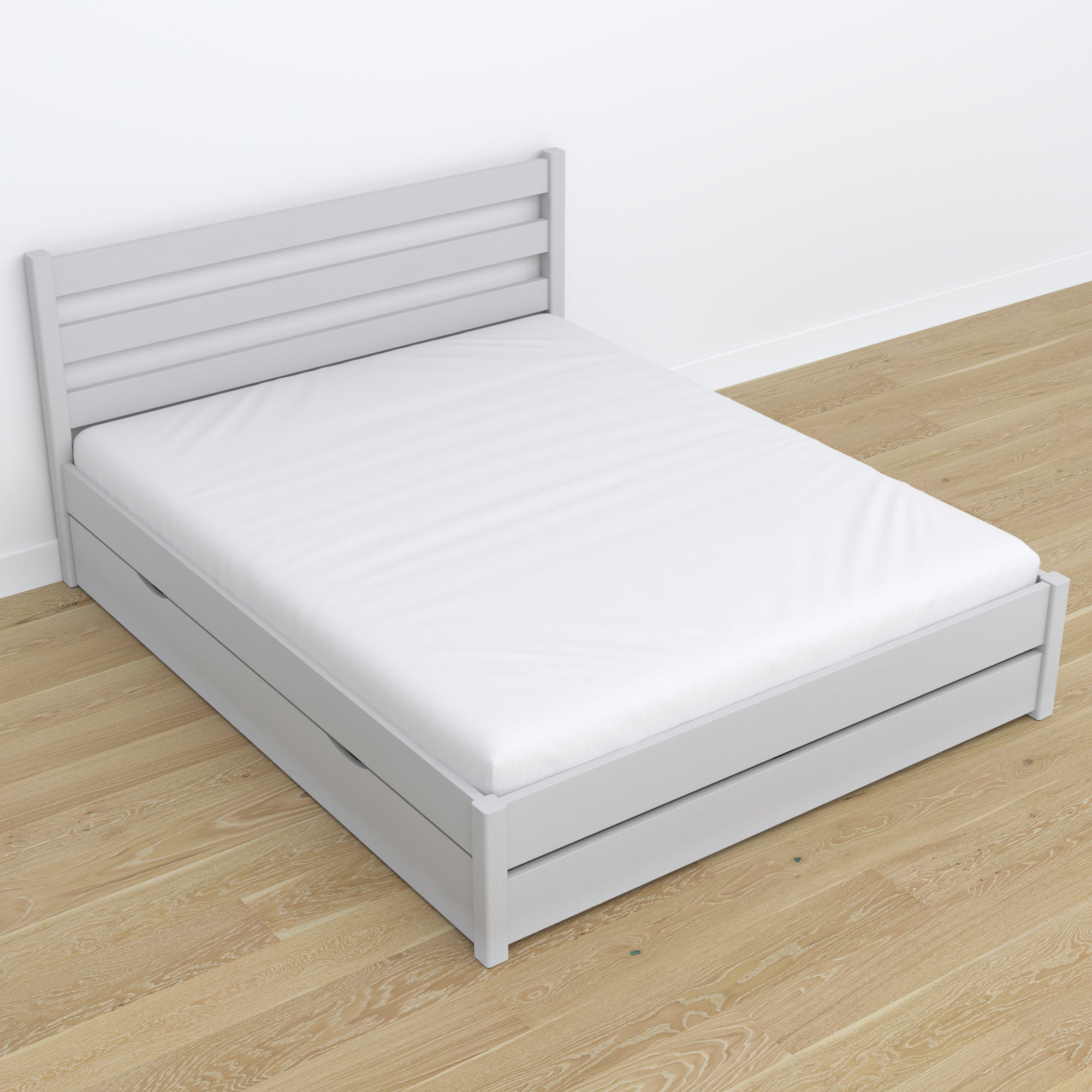 Lit double gris – pieds et base en bois, gros plan
