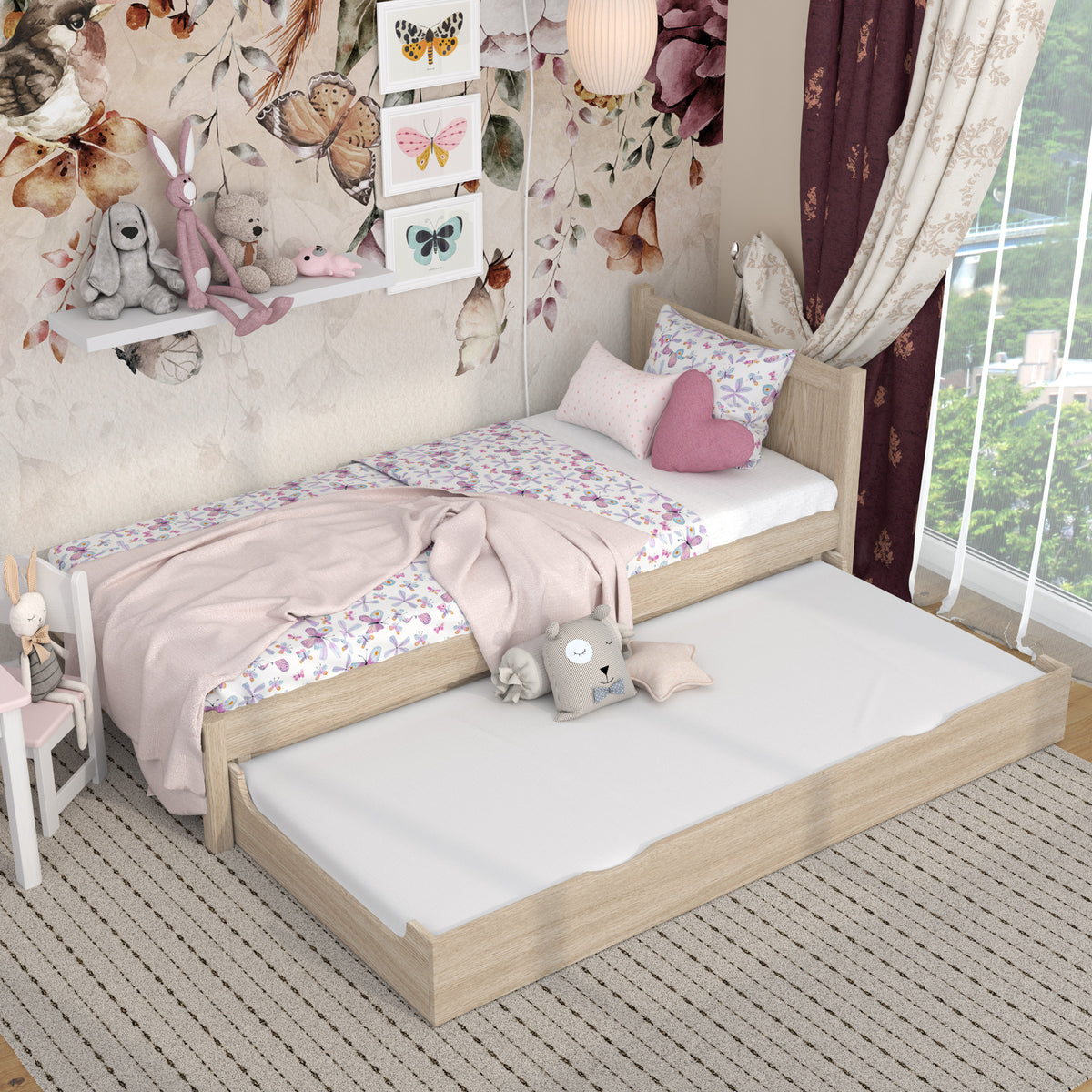 Bed met matraslade eiken gewit eiken – lade uitgetrokken, gast