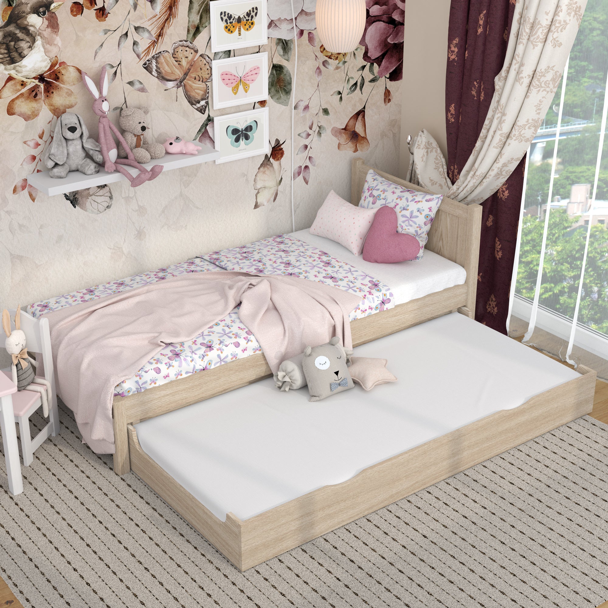 Bed met matraslade eiken gewit eiken – lade uitgetrokken, gast