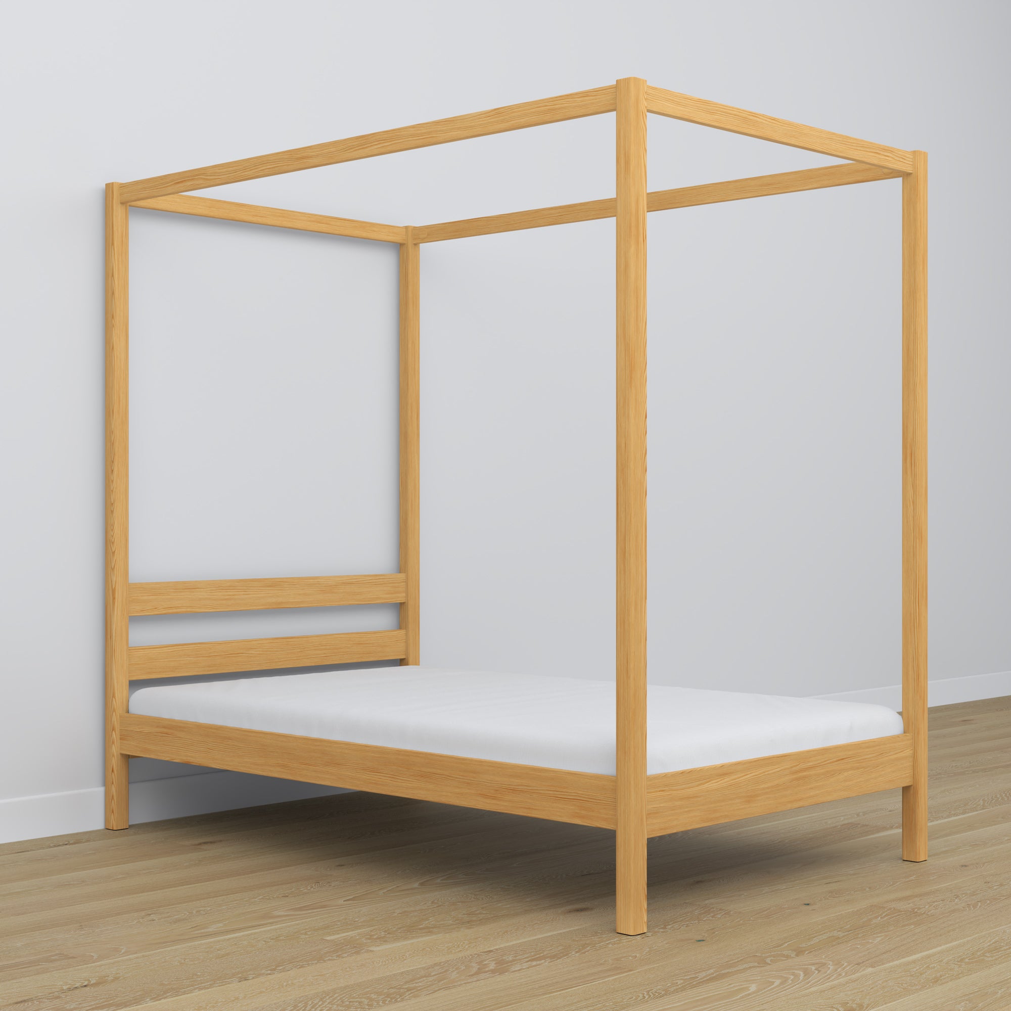 Natural pine canopy bed – decorative wooden frame, safe for children
