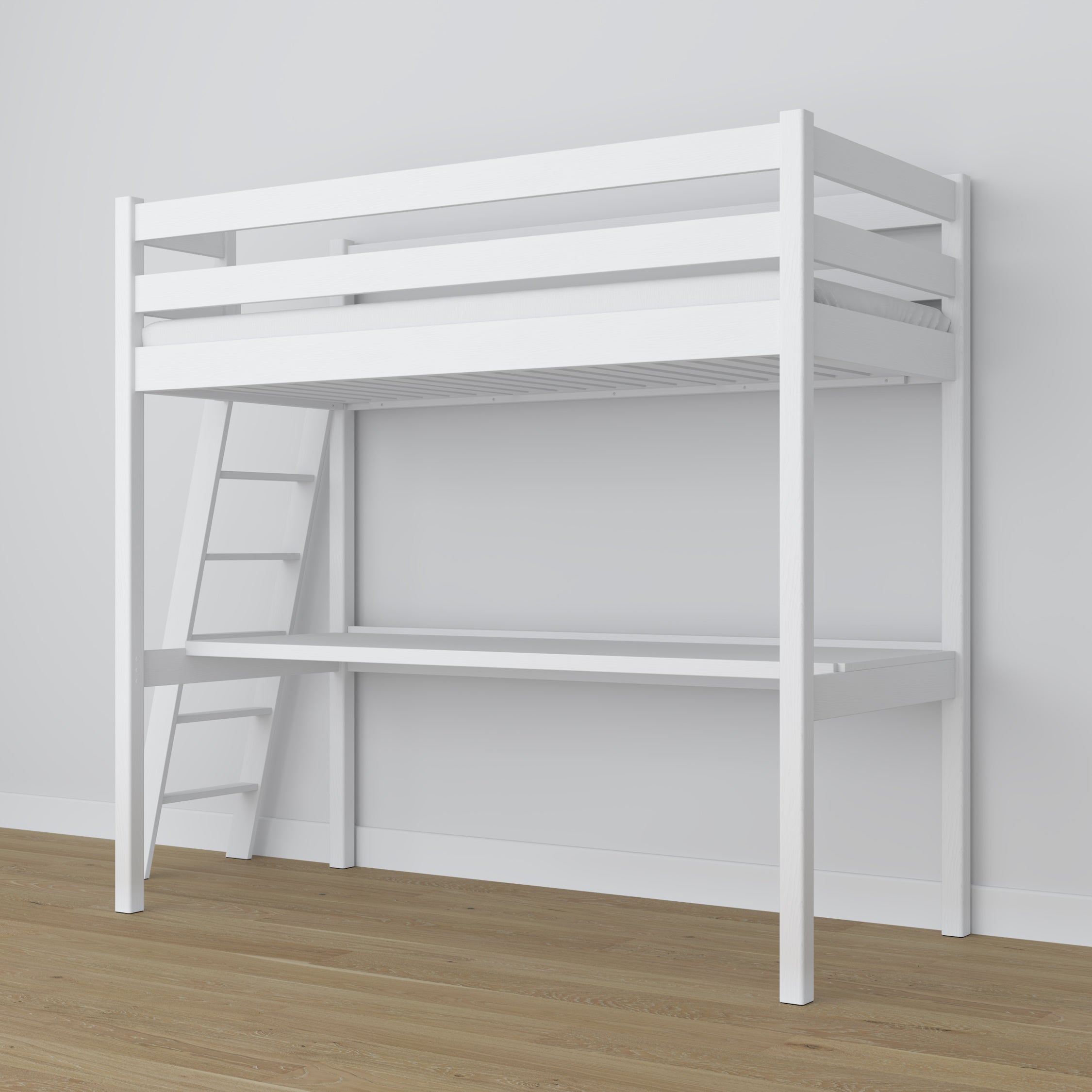 Lit mezzanine en bois blanc avec bureau – sommier i lattes, Nizio
