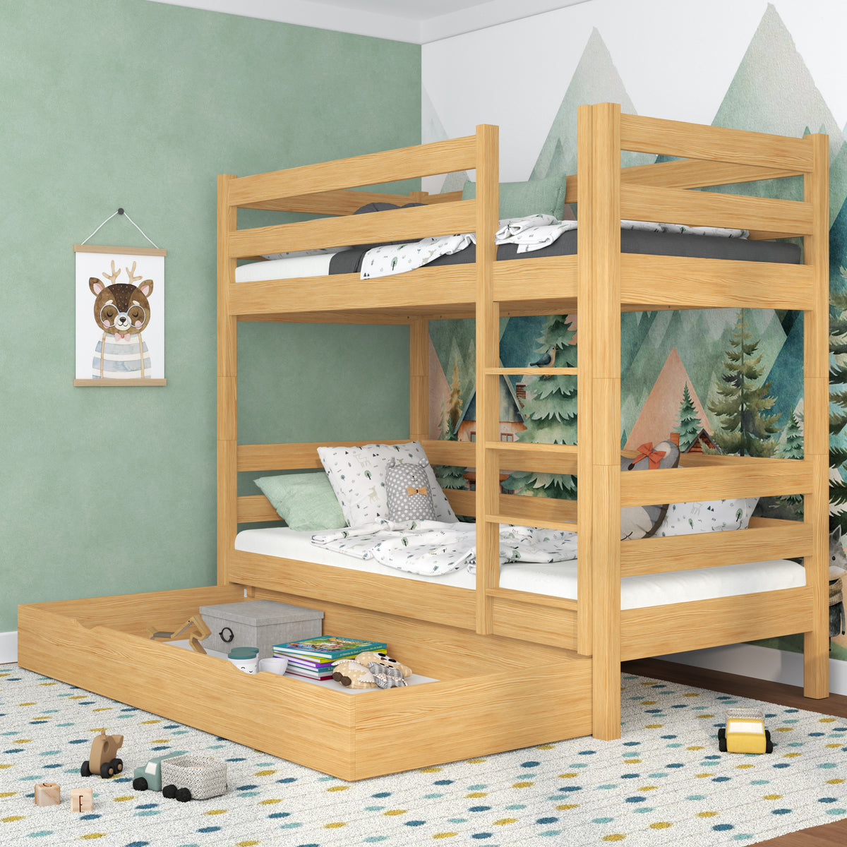 Stapelbed houten naturel grenen – lade open, ruime opbergruimte onder het bed