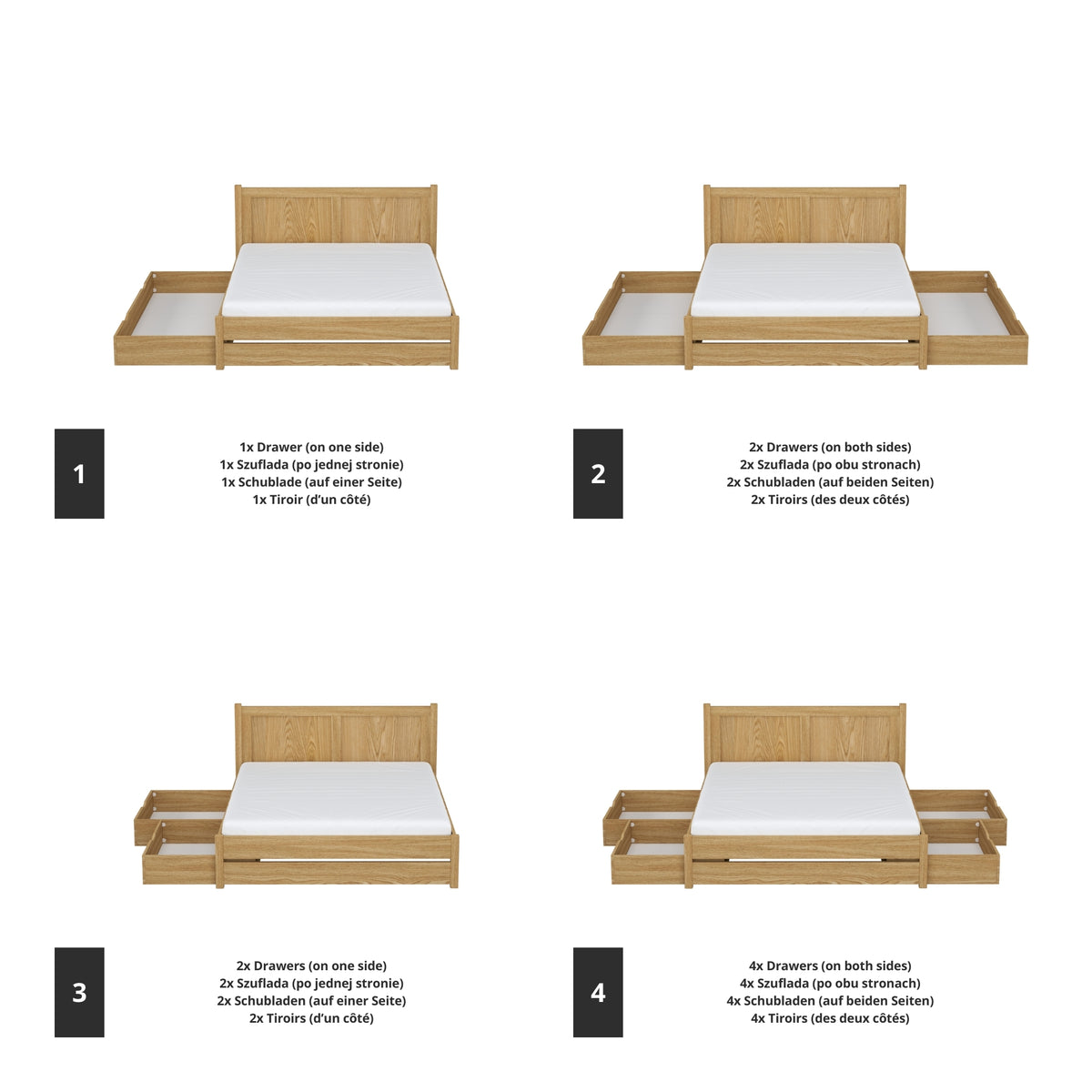 Tweepersoonsbed naturel eiken van eiken – afmetingen en schema, Nizio Home