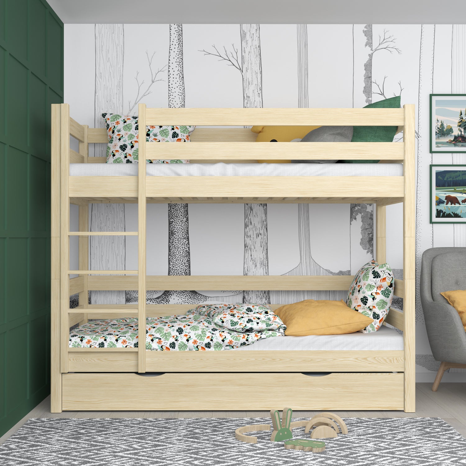 Houten stapelbed transparant grenen met matraslade – valbescherming, houten, Nizio Home