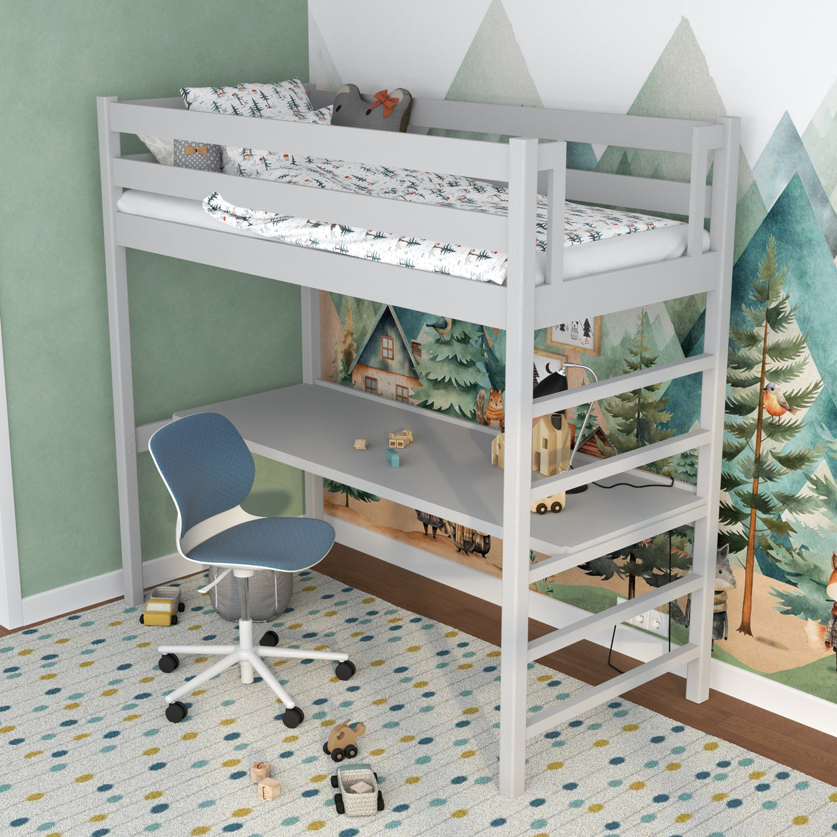 Hoogslaper grijs – houten bureau onder slaapgedeelte, kinderkamer scandi