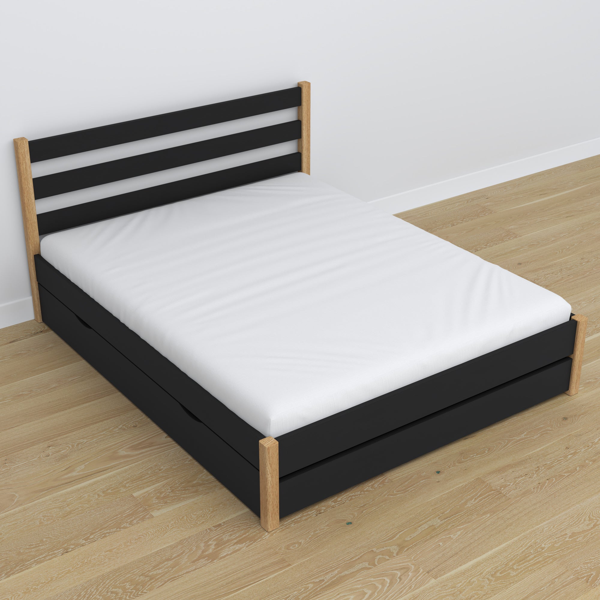 Tweepersoonsbed zwart met eiken – poten en basis van hout, close-up