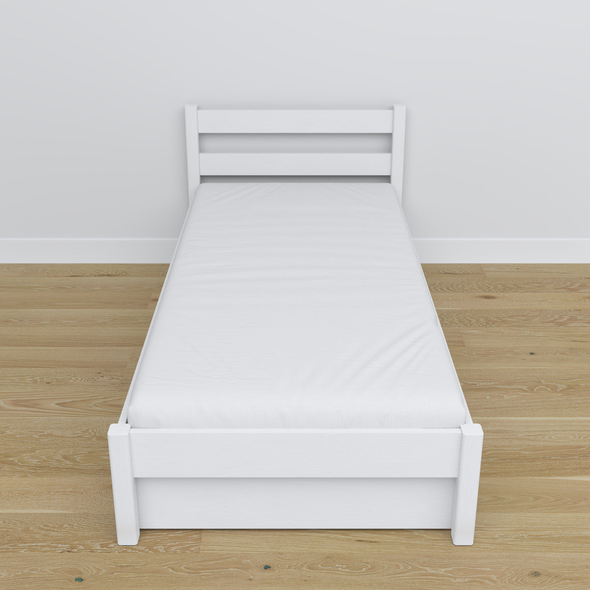 White Bed with Drawer – Wooden Runners and Details, Nizio