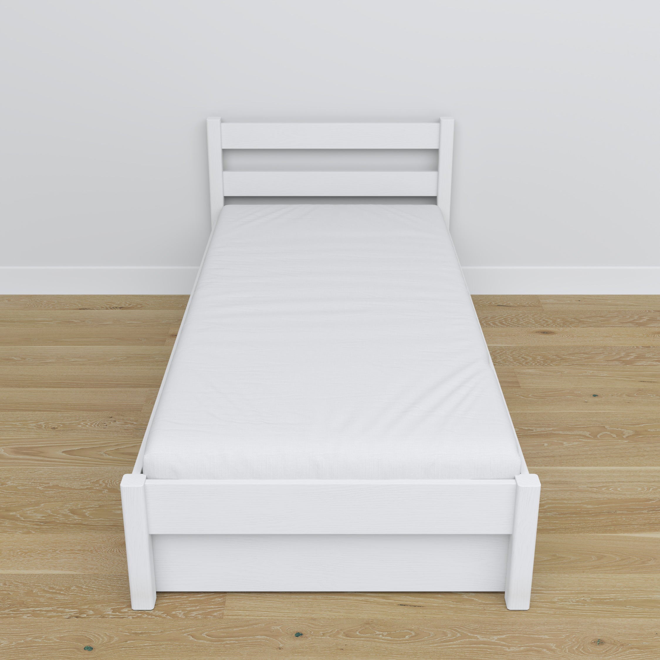 White Bed with Drawer – Wooden Runners and Details, Nizio