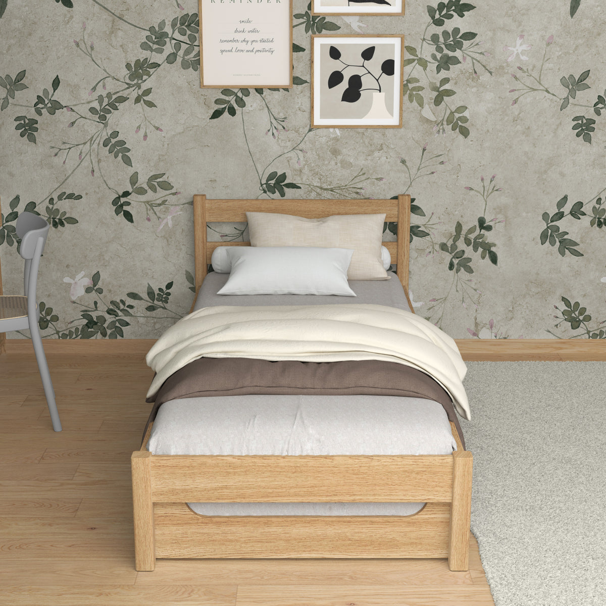 Lit avec tiroir pour matelas en chêne chêne naturel – tiroir sorti, invité