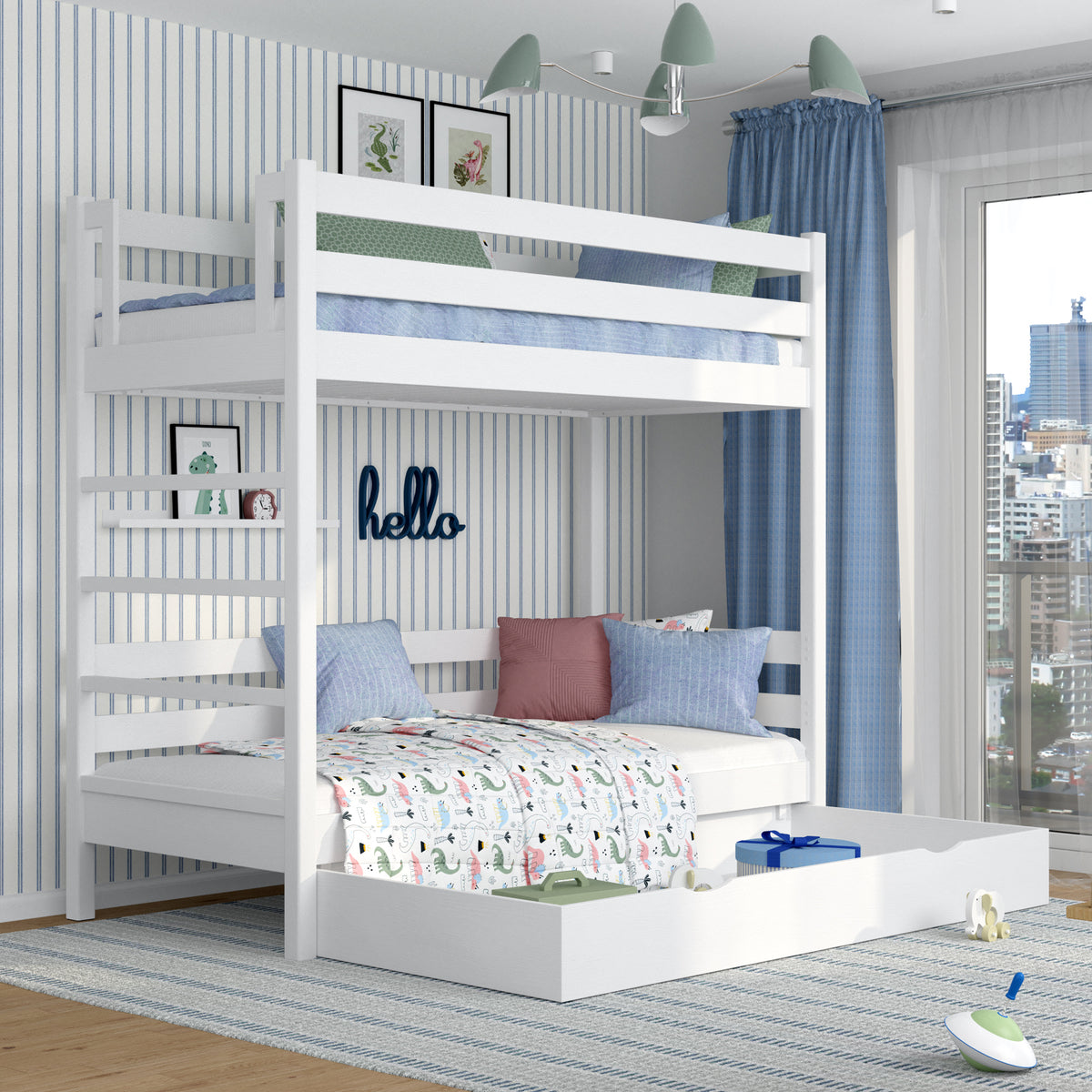 Stapelbed met lade houten wit – kinderkamer, massief hout, scandi
