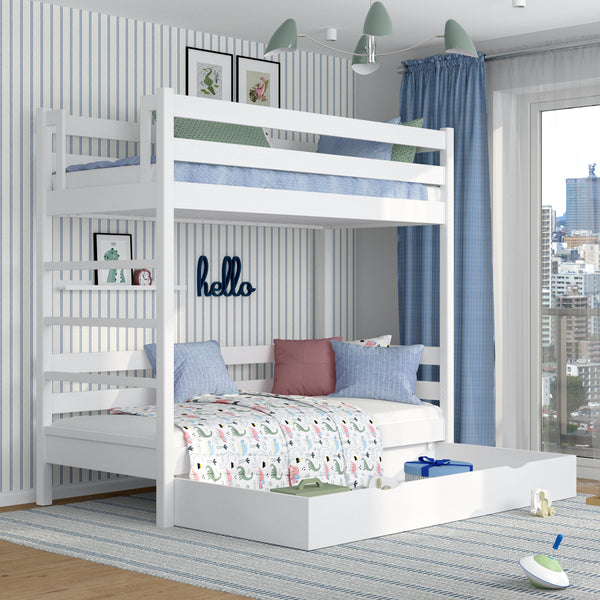 Lit superposé avec tiroir en bois blanc – chambre d'enfant, bois massif, scandinave