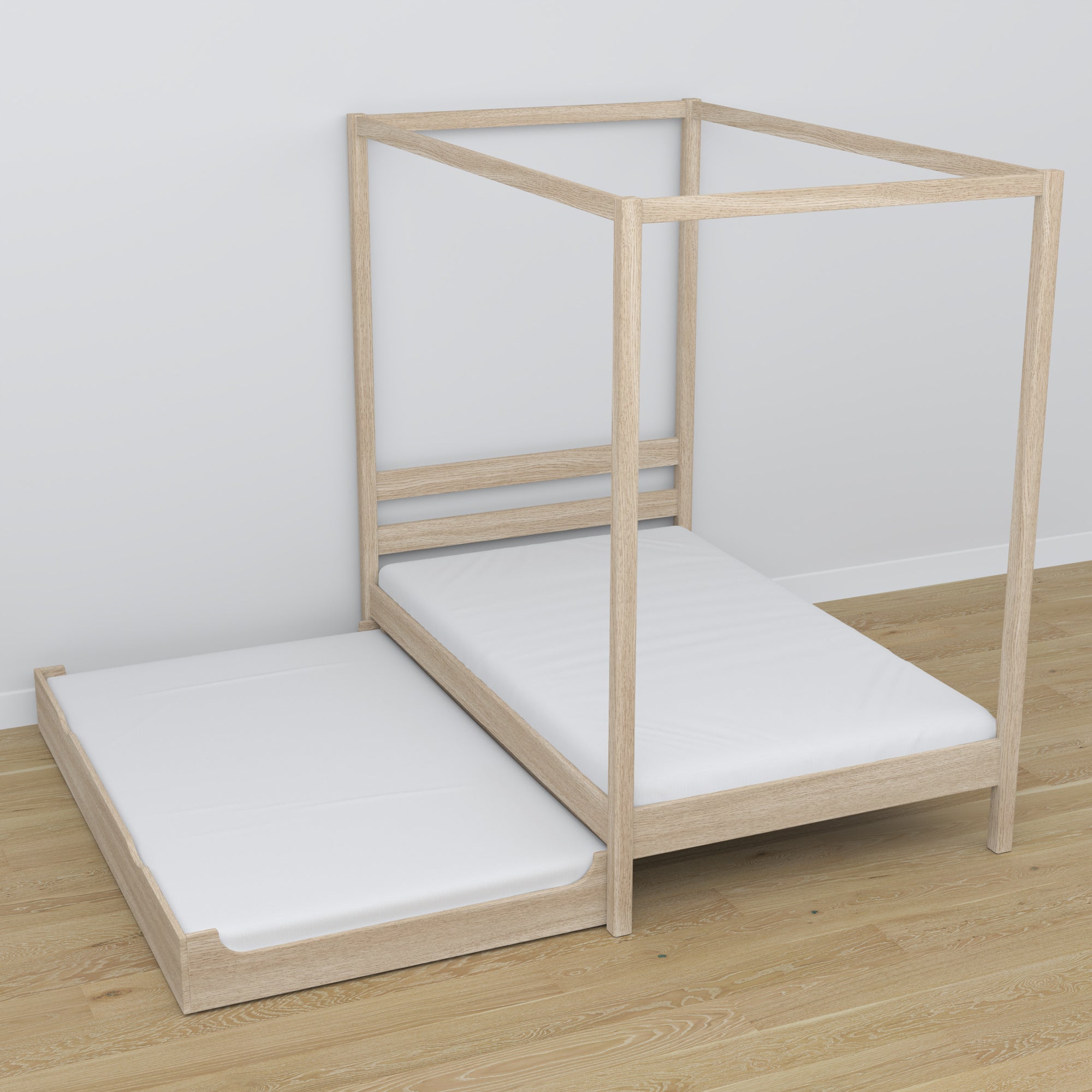 Bed met hemel eiken gewit eiken – lade uitgeschoven, slaapplaats voor gast