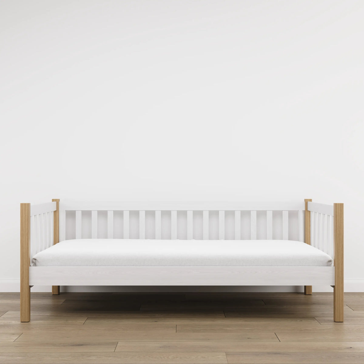 Sofabed van hout wit met eiken – zijaanzicht, vorm en verhoudingen van het meubel