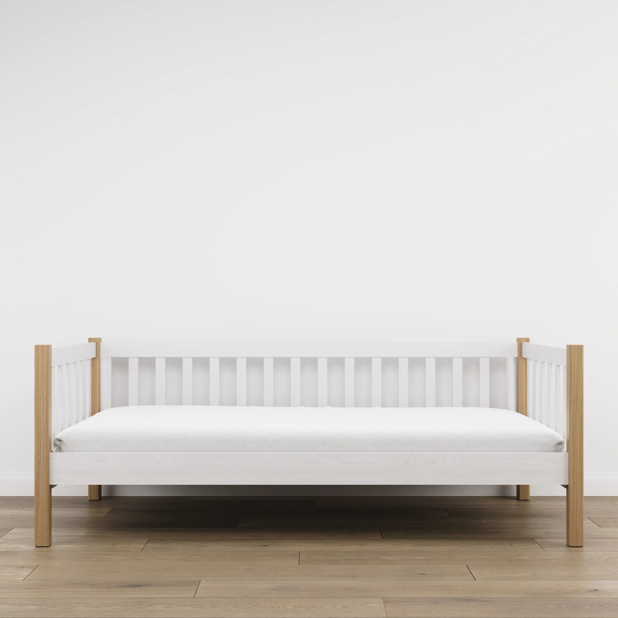 Sofabed van hout wit met eiken – zijaanzicht, vorm en verhoudingen van het meubel