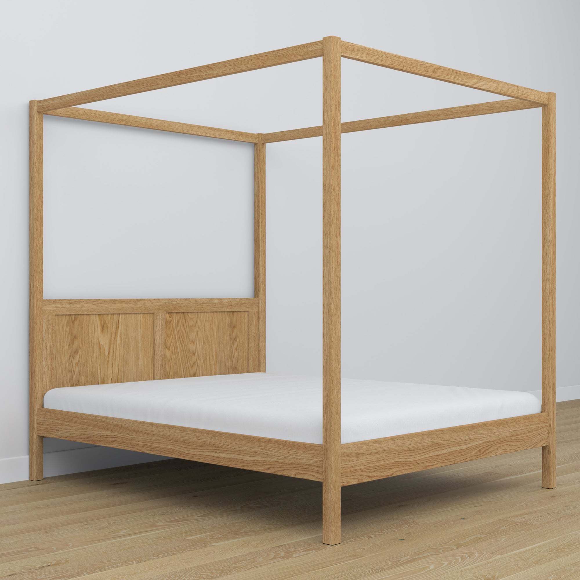 Tweepersoonsbed naturel eiken met hemelbed – decoratief frame van eikenhout, scandi